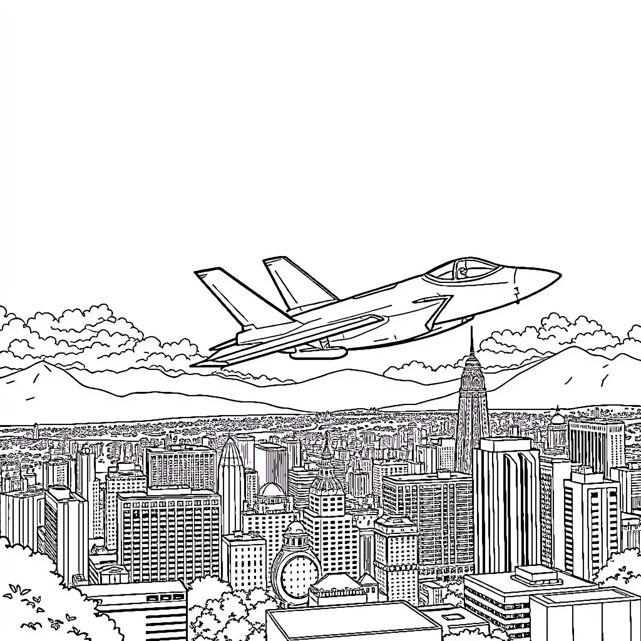 F35 Fighter Jet Soaring Over City Skyline Coloring Page (free black-and-white line drawing printable PDF for all, from beginners to advanced learners, including children, teens, adults, and seniors)