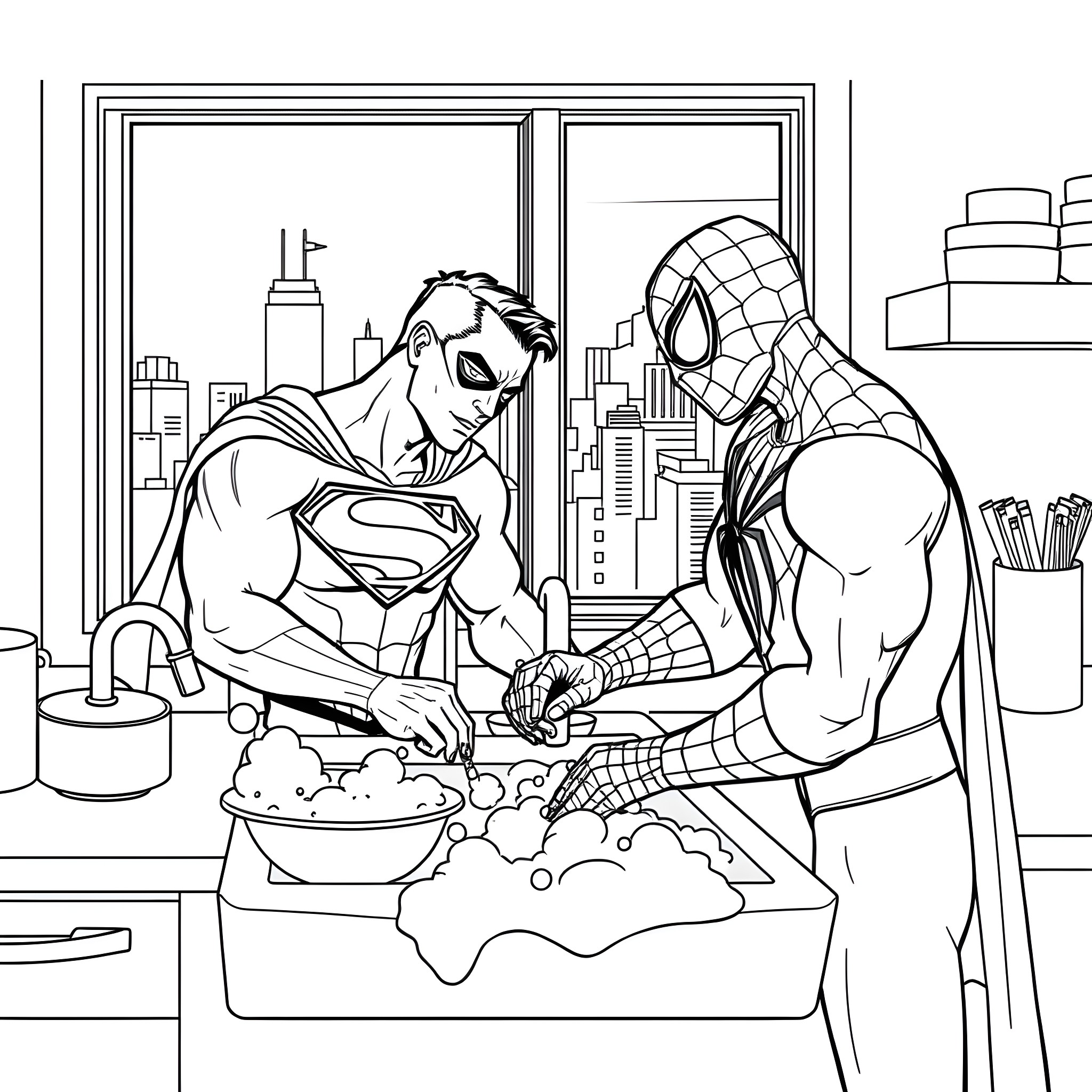 Superhero duo preparing a meal together Coloring Page (free black-and-white line drawing printable PDF for all, from beginners to advanced learners, including children, teens, adults, and seniors)