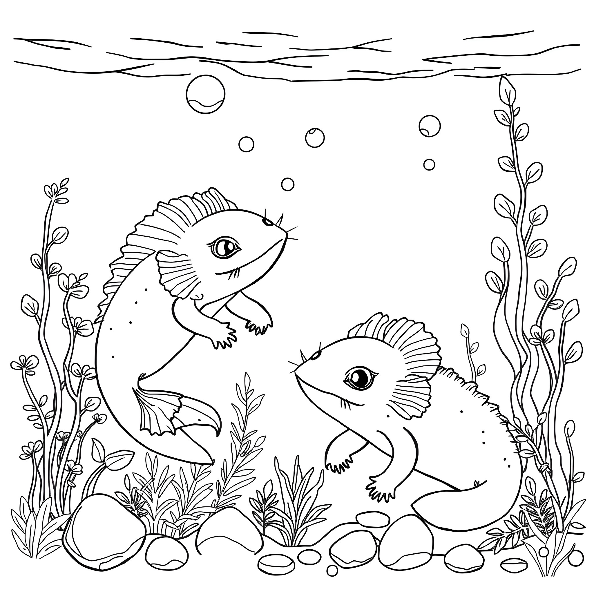 Axolotl swimming among underwater plants and bubbles Coloring Page (free black-and-white line drawing printable PDF for all, from beginners to advanced learners, including children, teens, adults, and seniors)