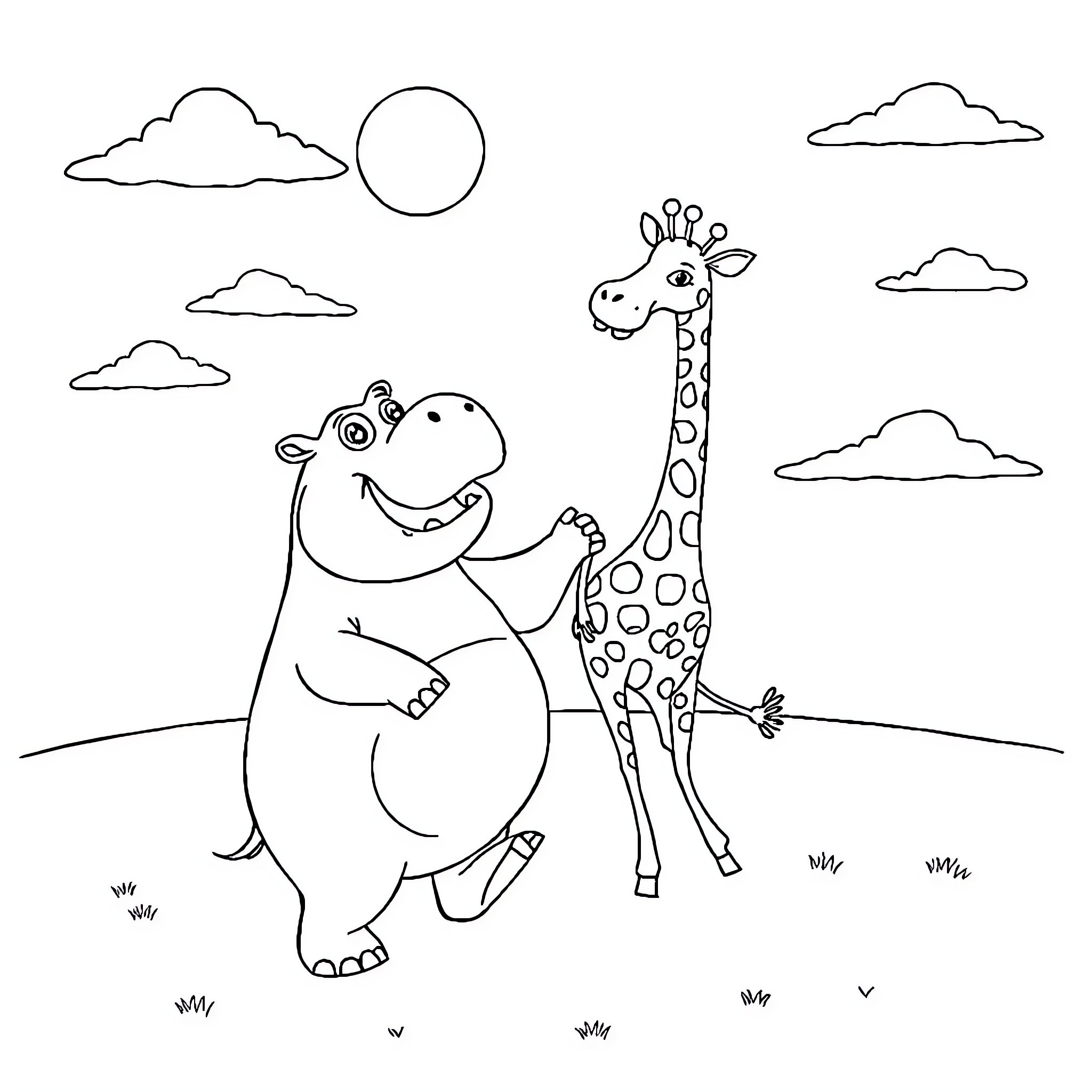 Hippopotamus and giraffe playing in the field Coloring Page (free black-and-white line drawing printable PDF for all, from beginners to advanced learners, including children, teens, adults, and seniors)