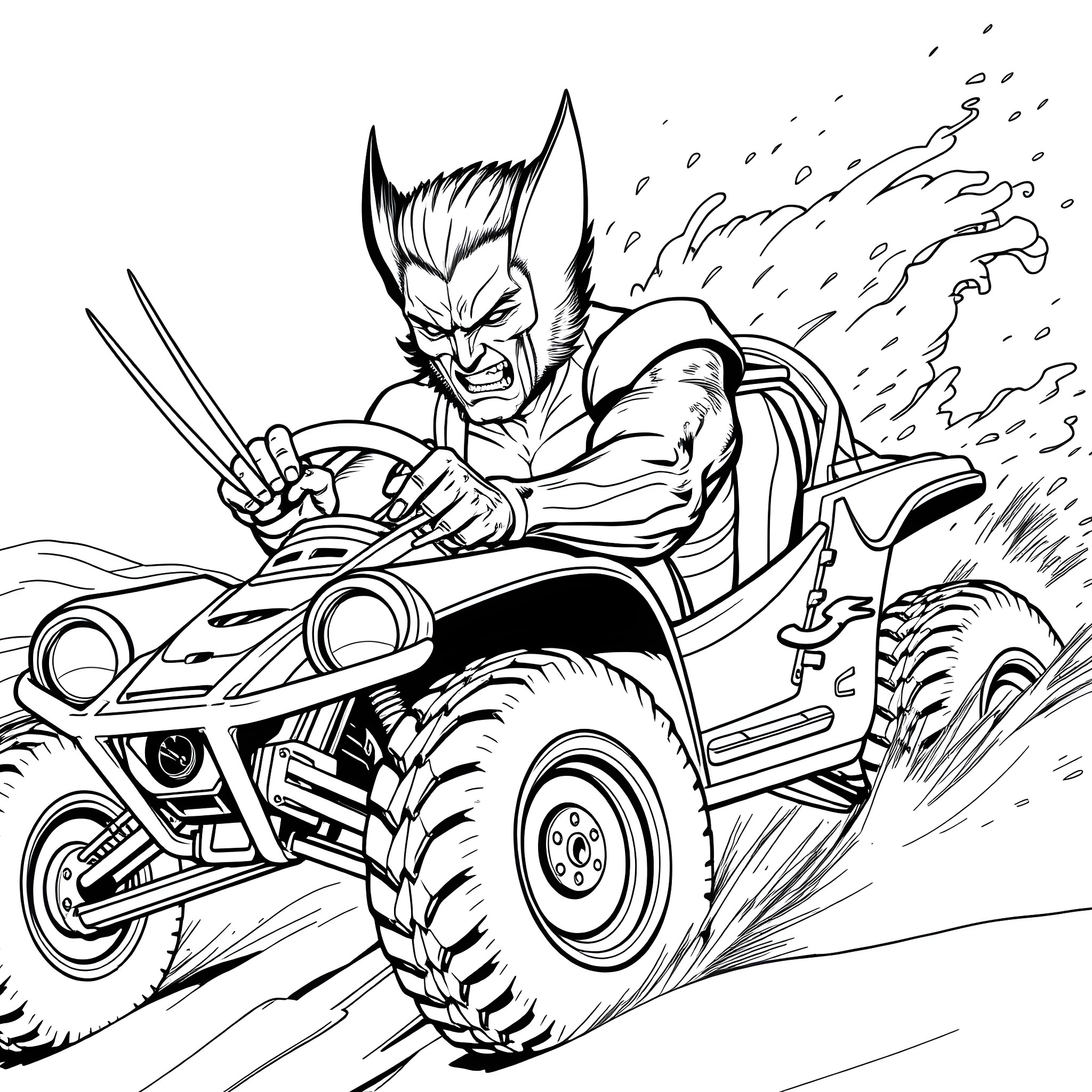 Wolverine racing furiously on an off-road vehicle Coloring Page (free black-and-white line drawing printable PDF for all, from beginners to advanced learners, including children, teens, adults, and seniors)