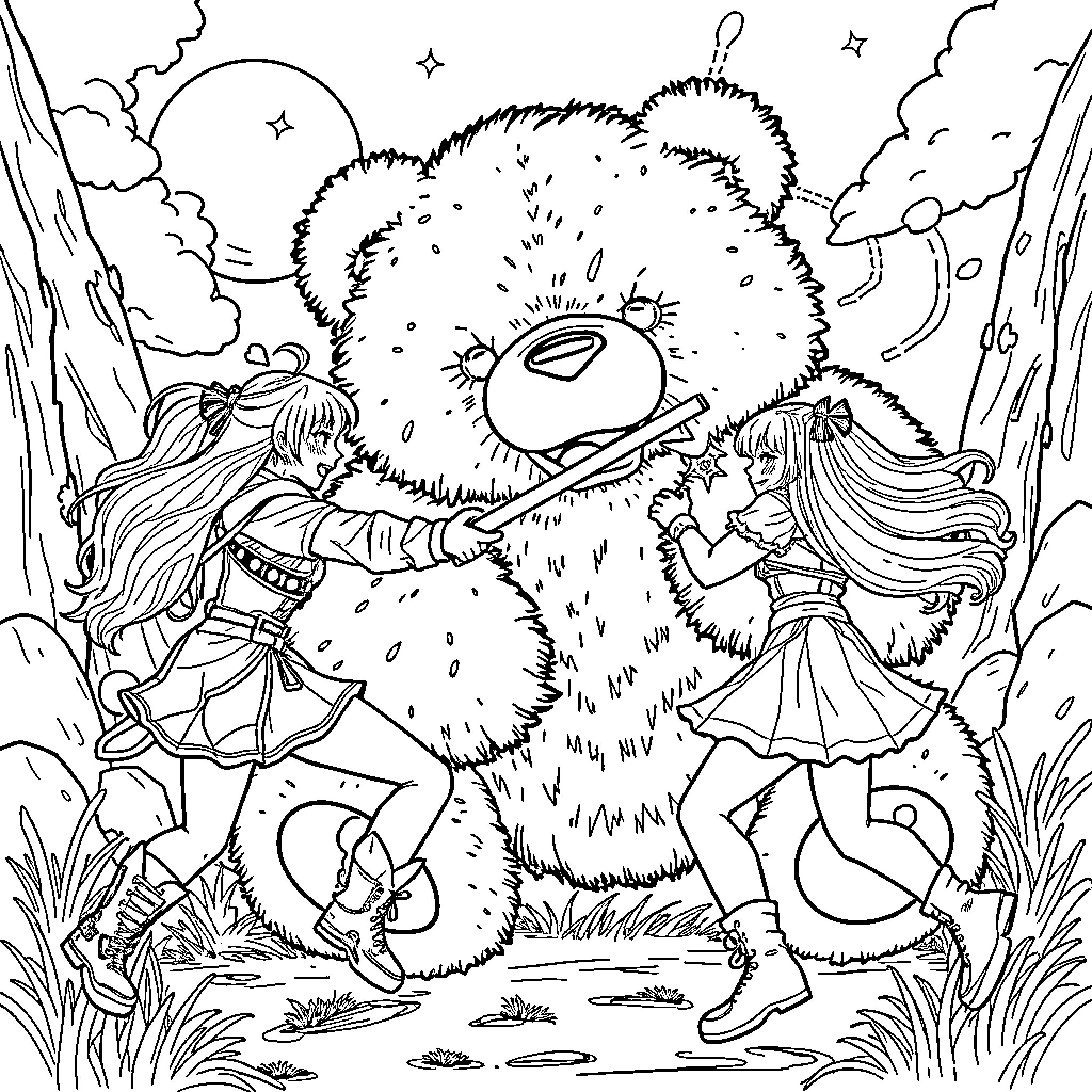 Rumi's Whimsical Encounter with a Colossal Teddy Bear Coloring Page (free black-and-white line drawing printable PDF for all, from beginners to advanced learners, including children, teens, adults, and seniors)