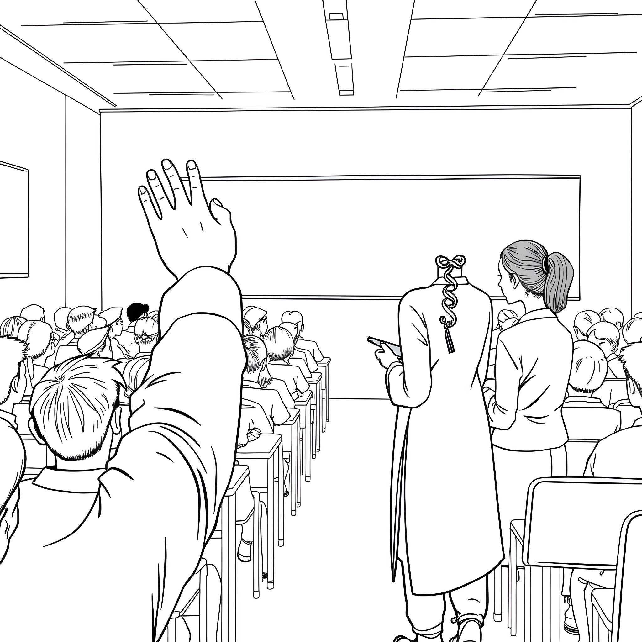 Hand raised in classroom with audience Coloring Page (free black-and-white line drawing printable PDF for all, from beginners to advanced learners, including children, teens, adults, and seniors)