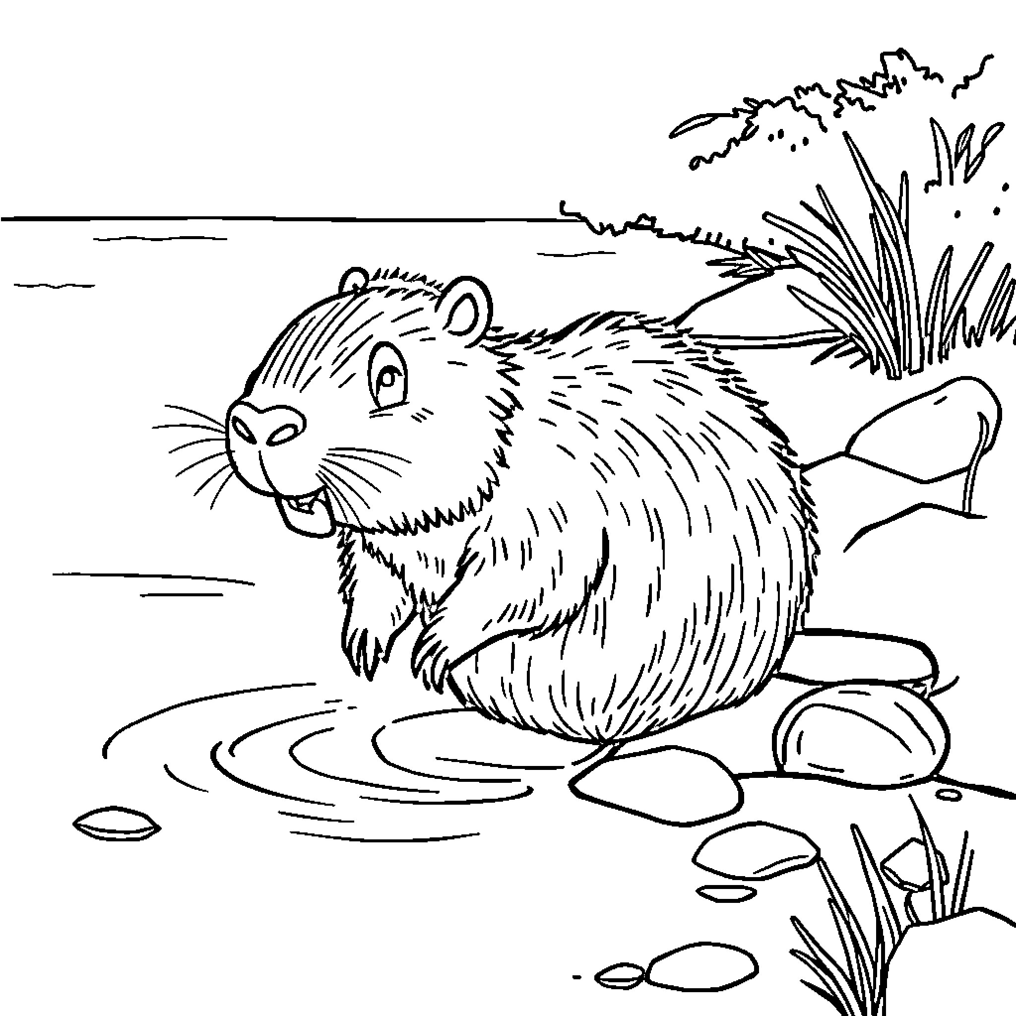 Capybara enjoying a peaceful day by the water Coloring Page (free black-and-white line drawing printable PDF for all, from beginners to advanced learners, including children, teens, adults, and seniors)