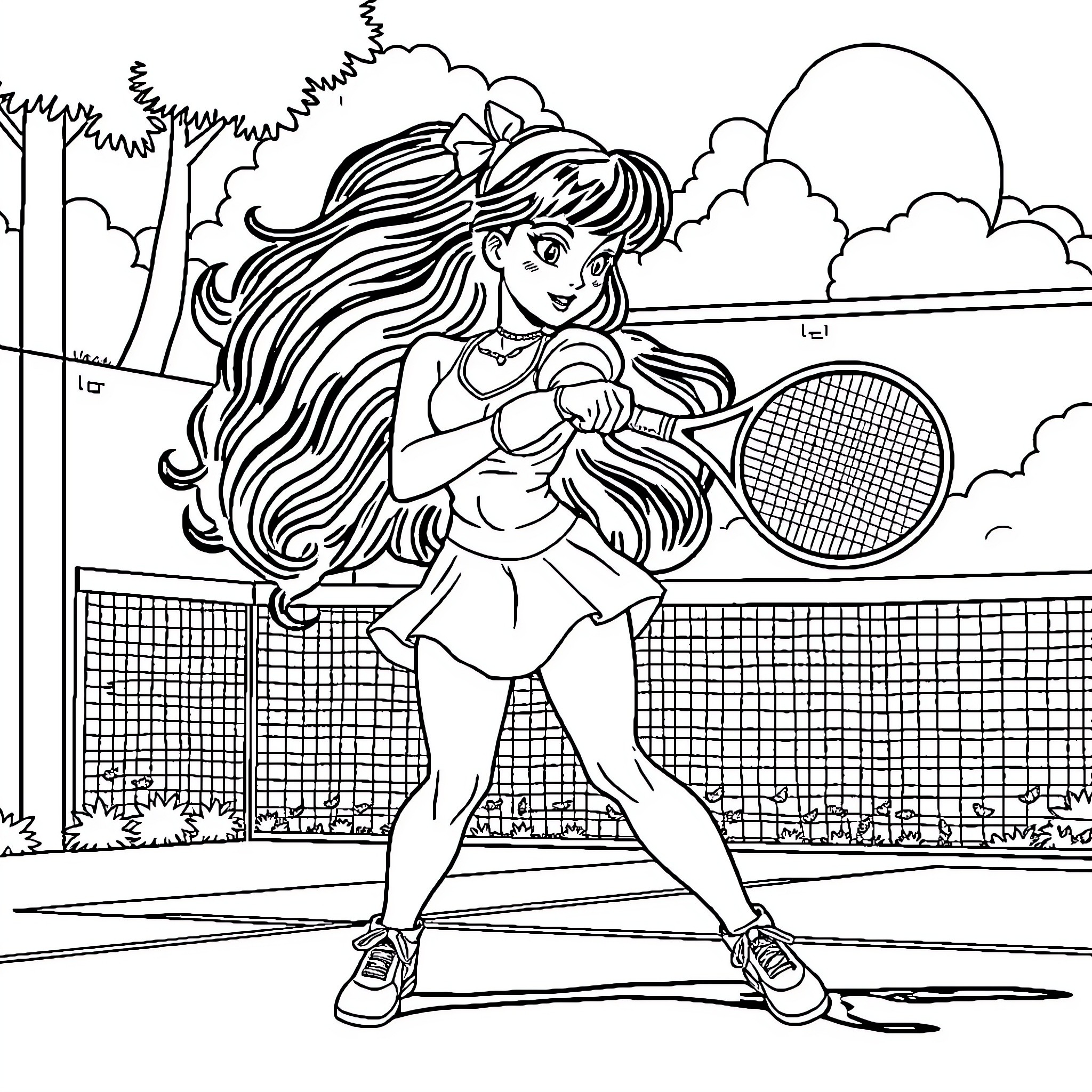 She-Ra Plays Tennis on the Court Coloring Page (free black-and-white line drawing printable PDF for all, from beginners to advanced learners, including children, teens, adults, and seniors)