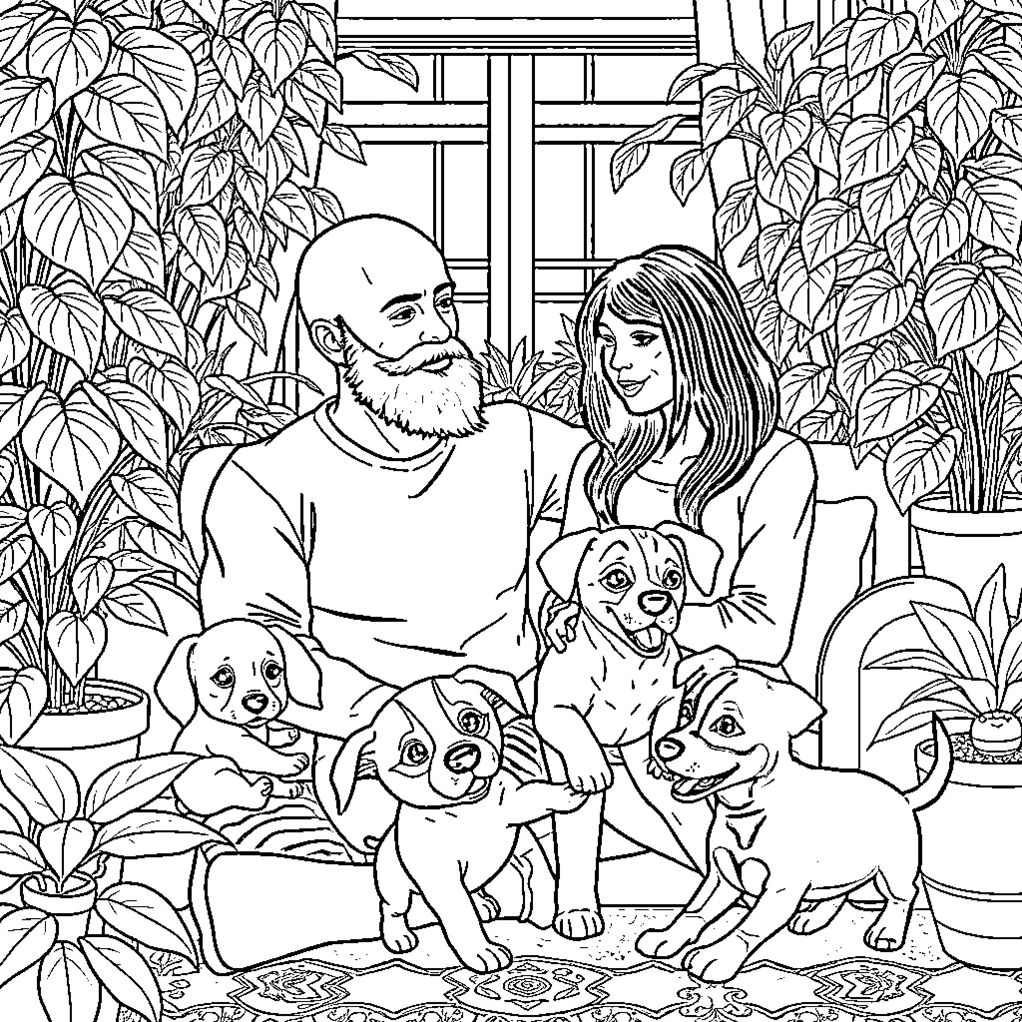 Man with family and pets enjoying cozy home Coloring Page (free black-and-white line drawing printable PDF for all, from beginners to advanced learners, including children, teens, adults, and seniors)