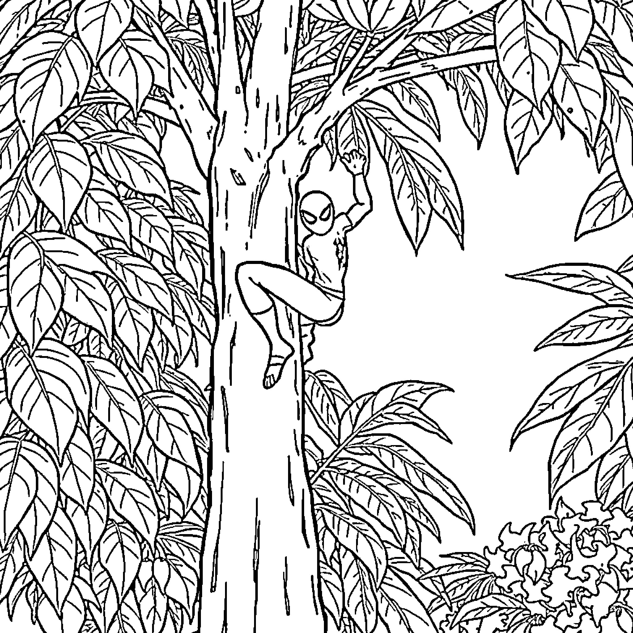 Spiderman swinging through a lush, tropical forest Coloring Page (free black-and-white line drawing printable PDF for all, from beginners to advanced learners, including children, teens, adults, and seniors)