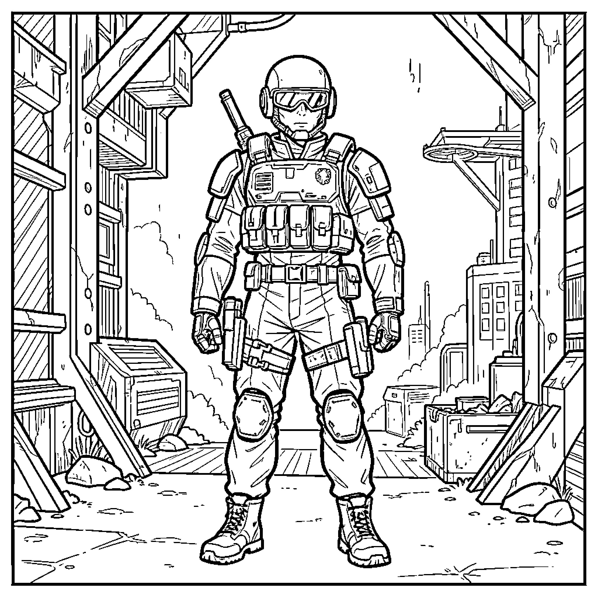 Metal Gear soldier standing in a tactical combat setting Coloring Page (free black-and-white line drawing printable PDF for all, from beginners to advanced learners, including children, teens, adults, and seniors)