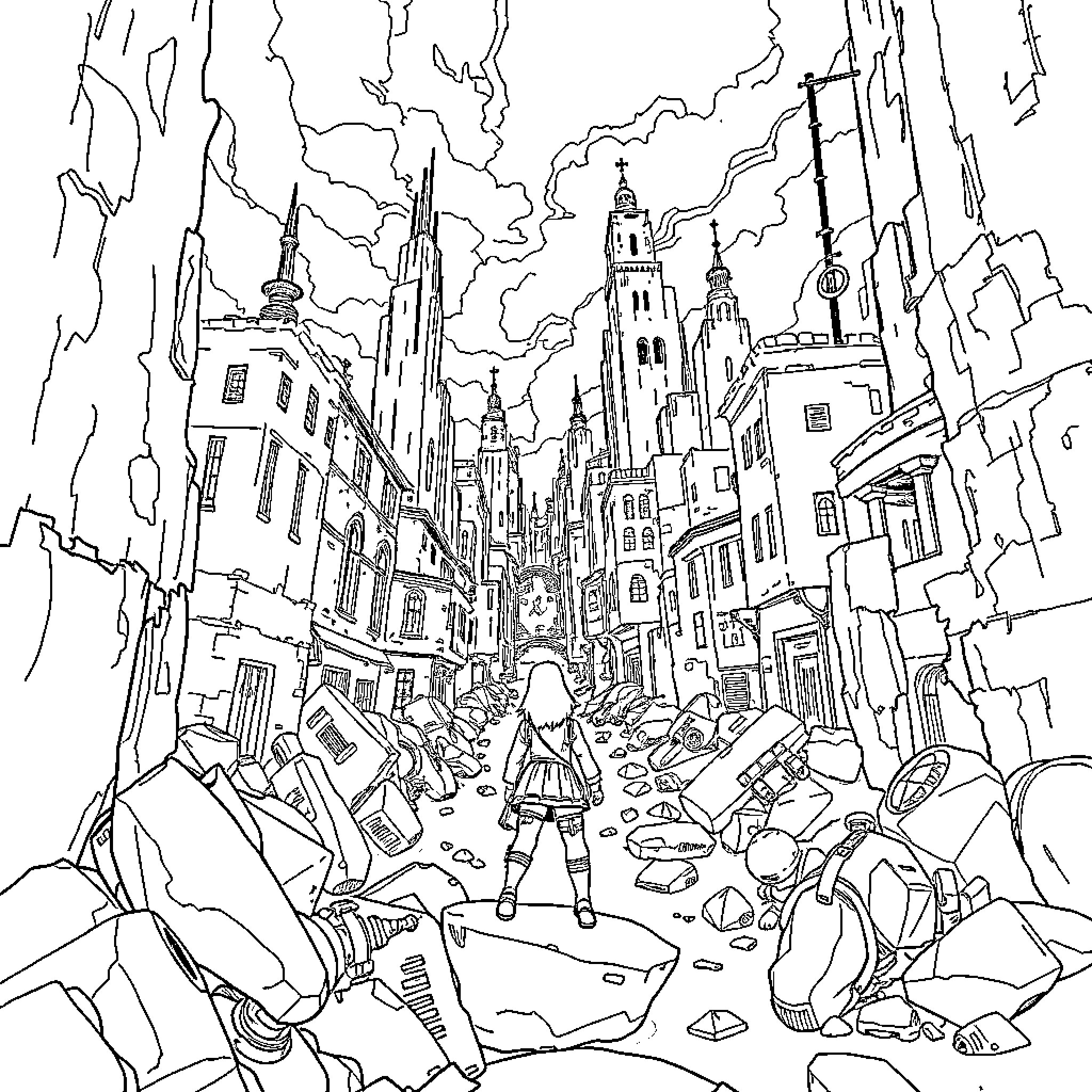 Jiwoo explores the fantastical city amidst ruins Coloring Page (free black-and-white line drawing printable PDF for all, from beginners to advanced learners, including children, teens, adults, and seniors)