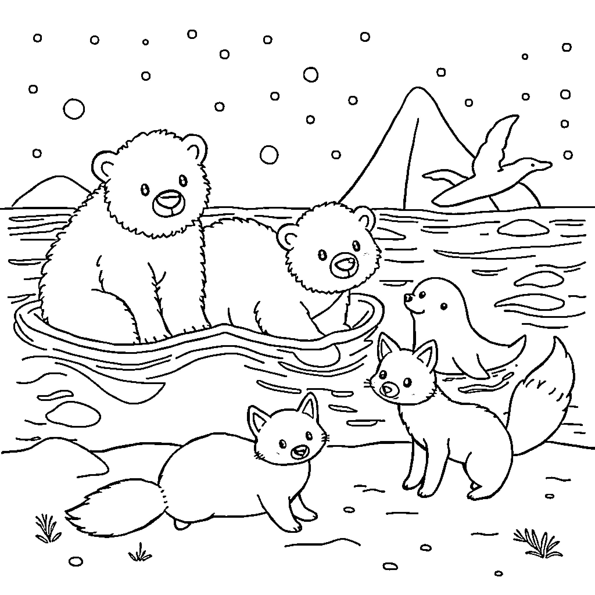 Arctic Animal Family In Scenic Landscape Coloring Page (free black-and-white line drawing printable PDF for all, from beginners to advanced learners, including children, teens, adults, and seniors)