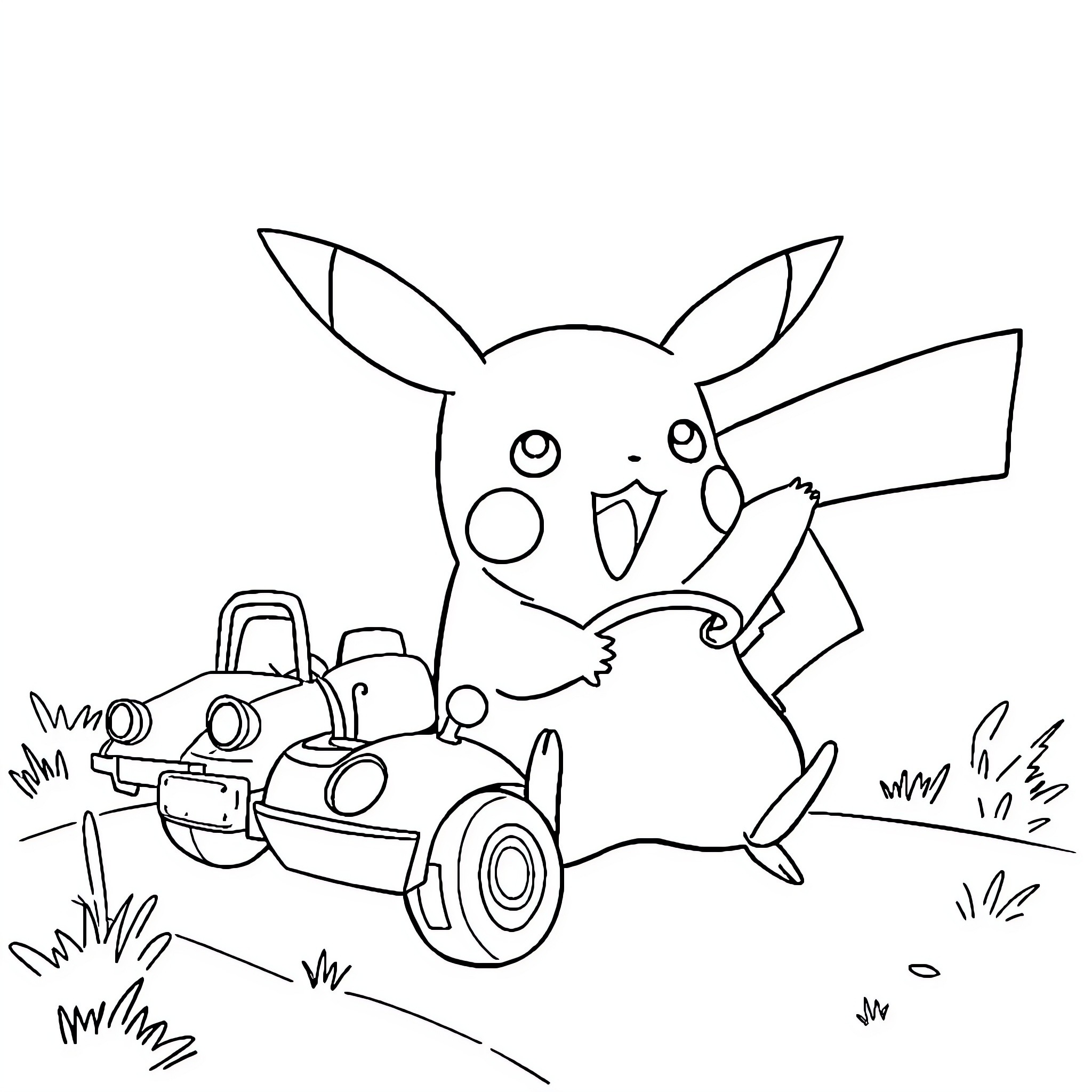 Pikachu driving a small vehicle in a grassy field Coloring Page (free black-and-white line drawing printable PDF for all, from beginners to advanced learners, including children, teens, adults, and seniors)