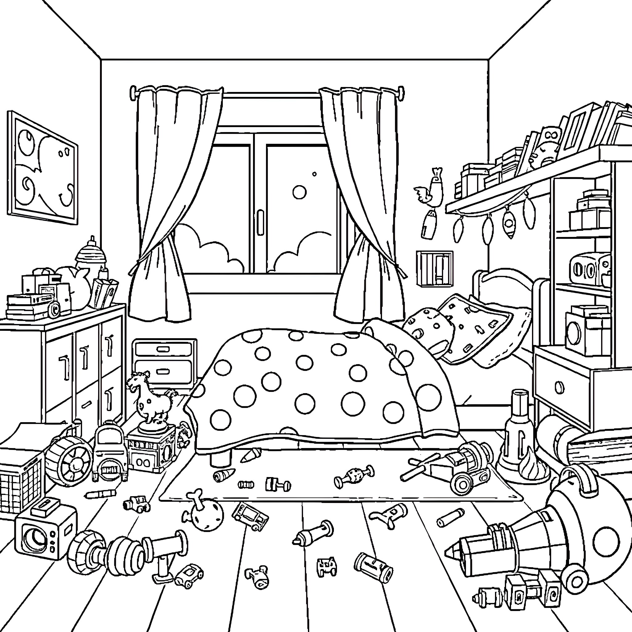 Child's messy bedroom with toys and clutter Coloring Page (free black-and-white line drawing printable PDF for all, from beginners to advanced learners, including children, teens, adults, and seniors)
