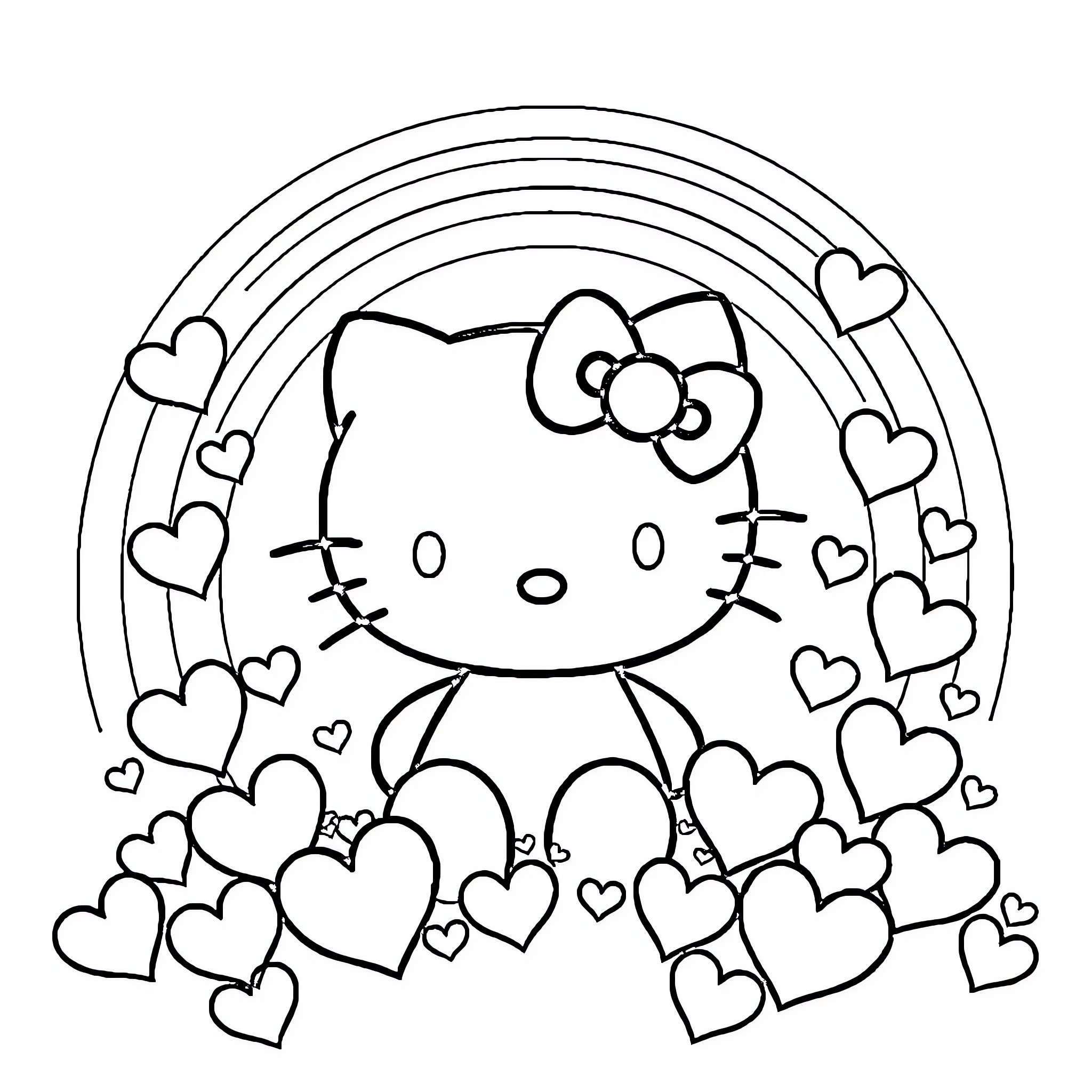 Hello Kitty surrounded by hearts and a rainbow Coloring Page (free black-and-white line drawing printable PDF for all, from beginners to advanced learners, including children, teens, adults, and seniors)