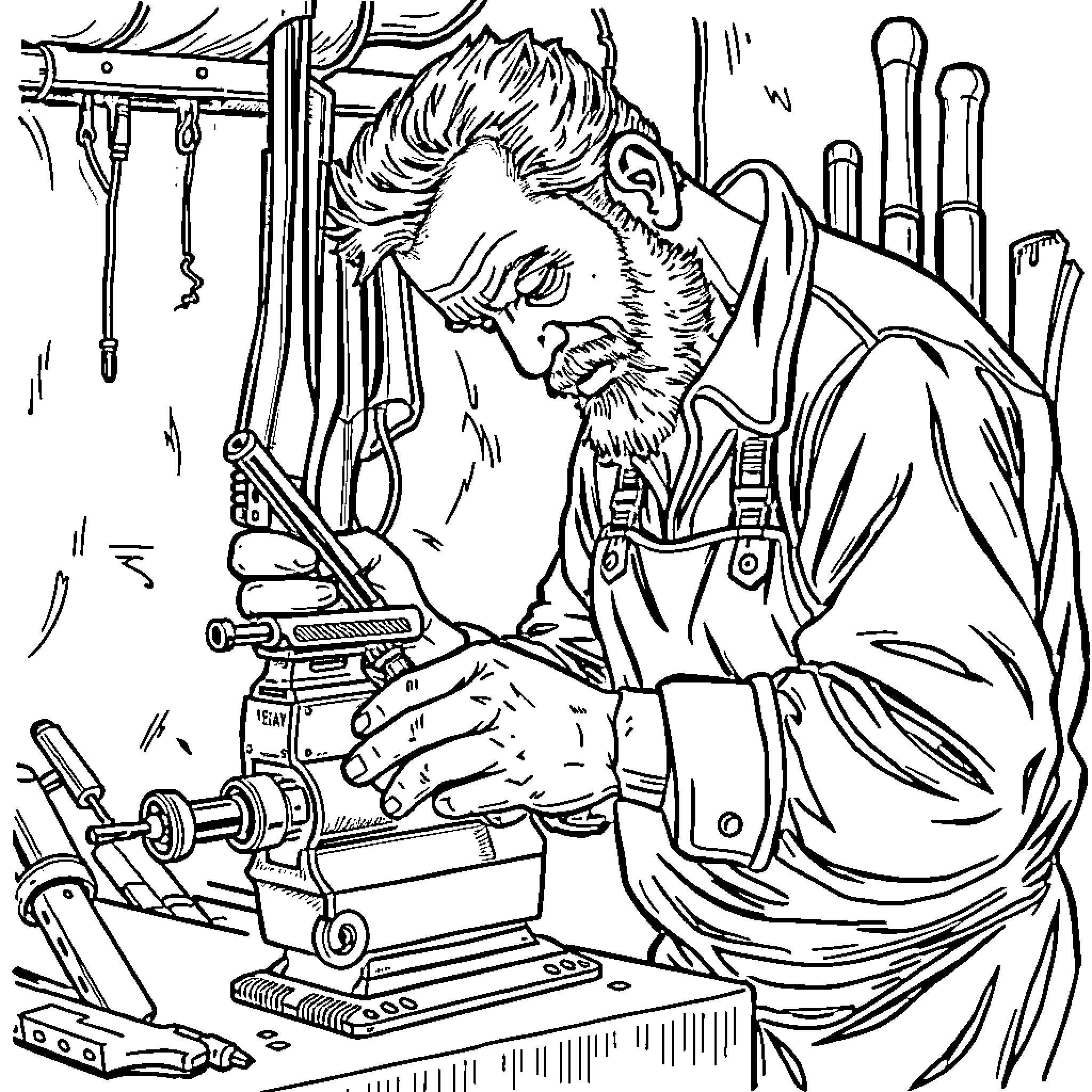 Gunsmith carefully repairing and maintaining firearms Coloring Page (free black-and-white line drawing printable PDF for all, from beginners to advanced learners, including children, teens, adults, and seniors)