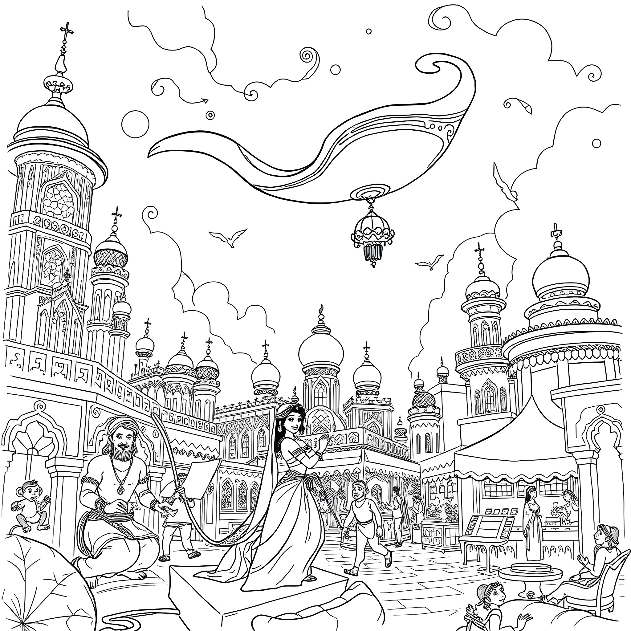 Aladdin and Jasmine's adventure in the enchanting Arabian city Coloring Page (free black-and-white line drawing printable PDF for all, from beginners to advanced learners, including children, teens, adults, and seniors)