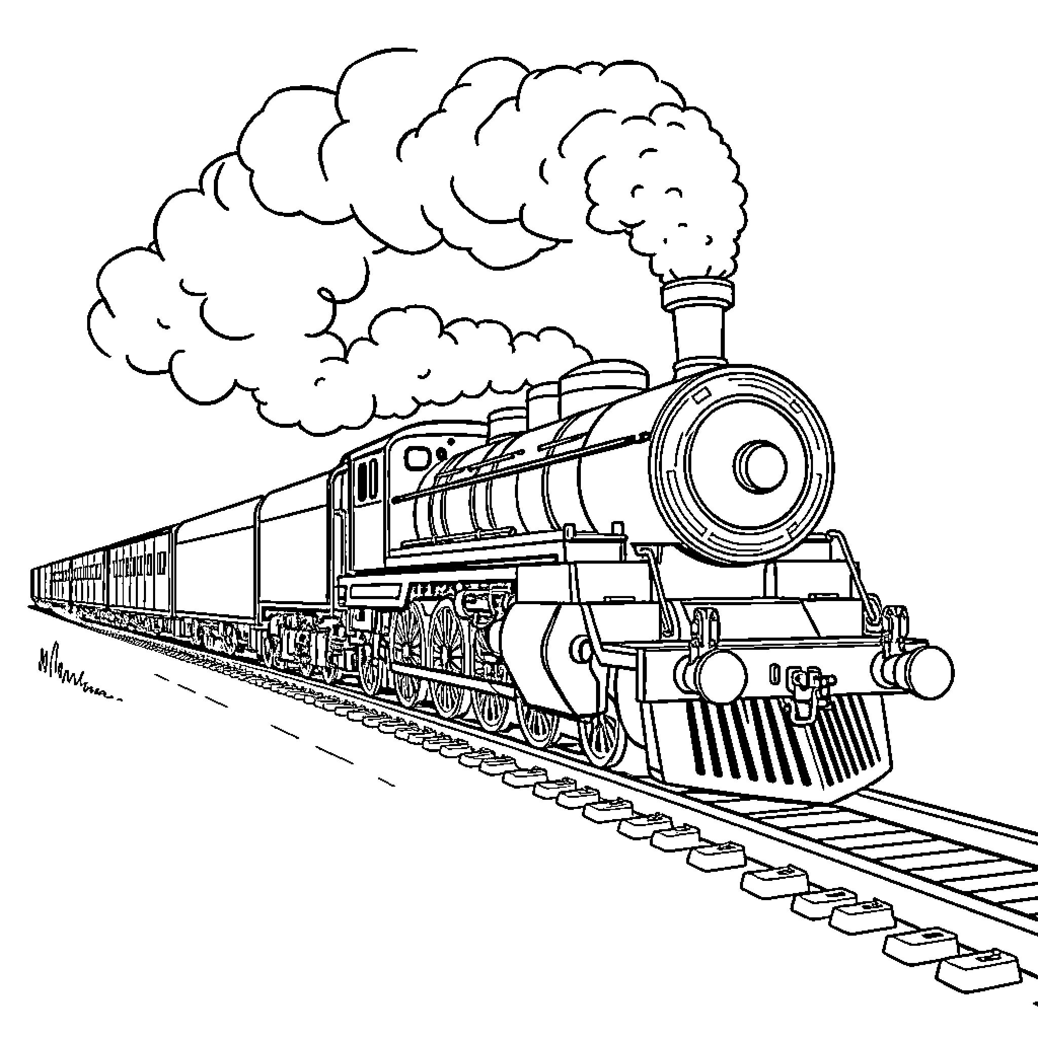 Steam Train Traveling Along Railway Tracks Coloring Page (free black-and-white line drawing printable PDF for all, from beginners to advanced learners, including children, teens, adults, and seniors)