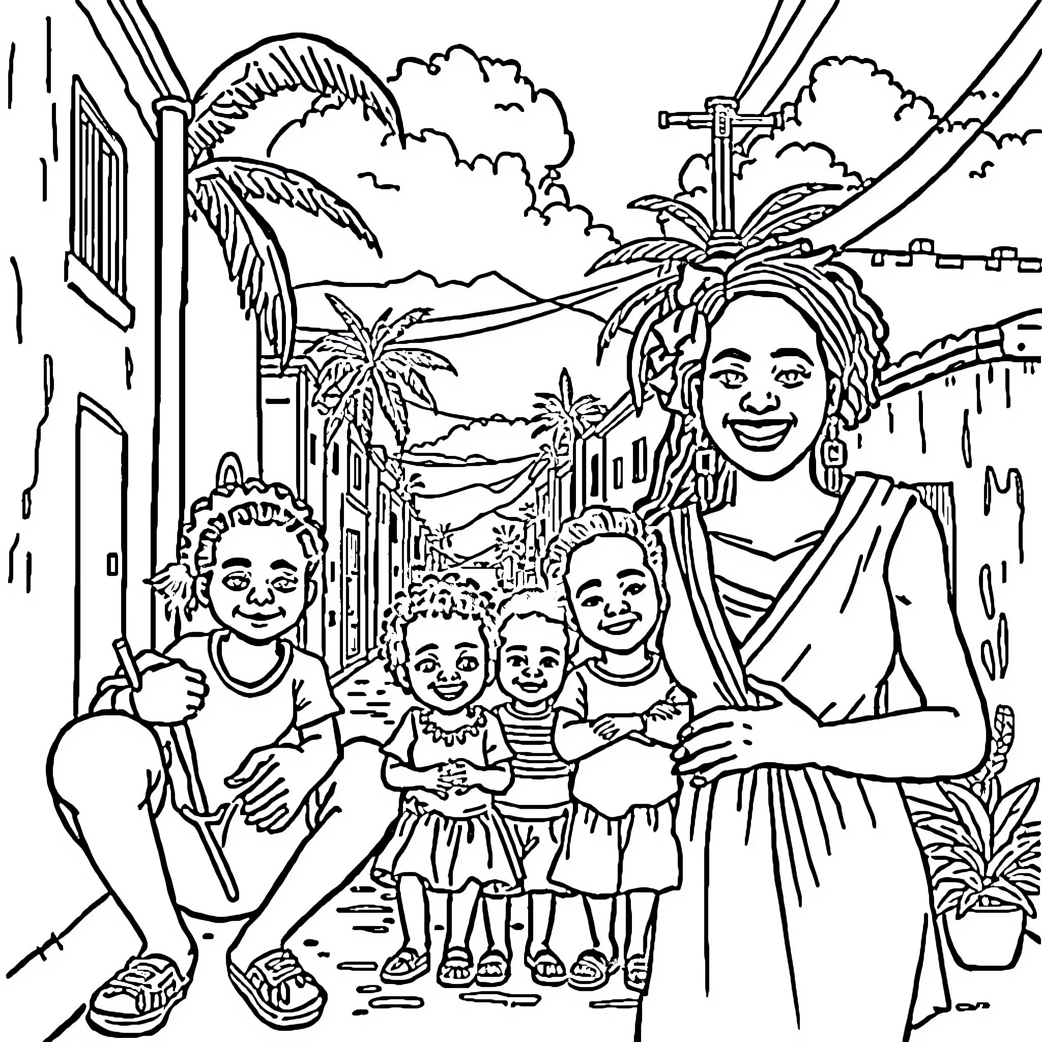 Haiti: Happy family exploring vibrant streets Coloring Page (free black-and-white line drawing printable PDF for all, from beginners to advanced learners, including children, teens, adults, and seniors)