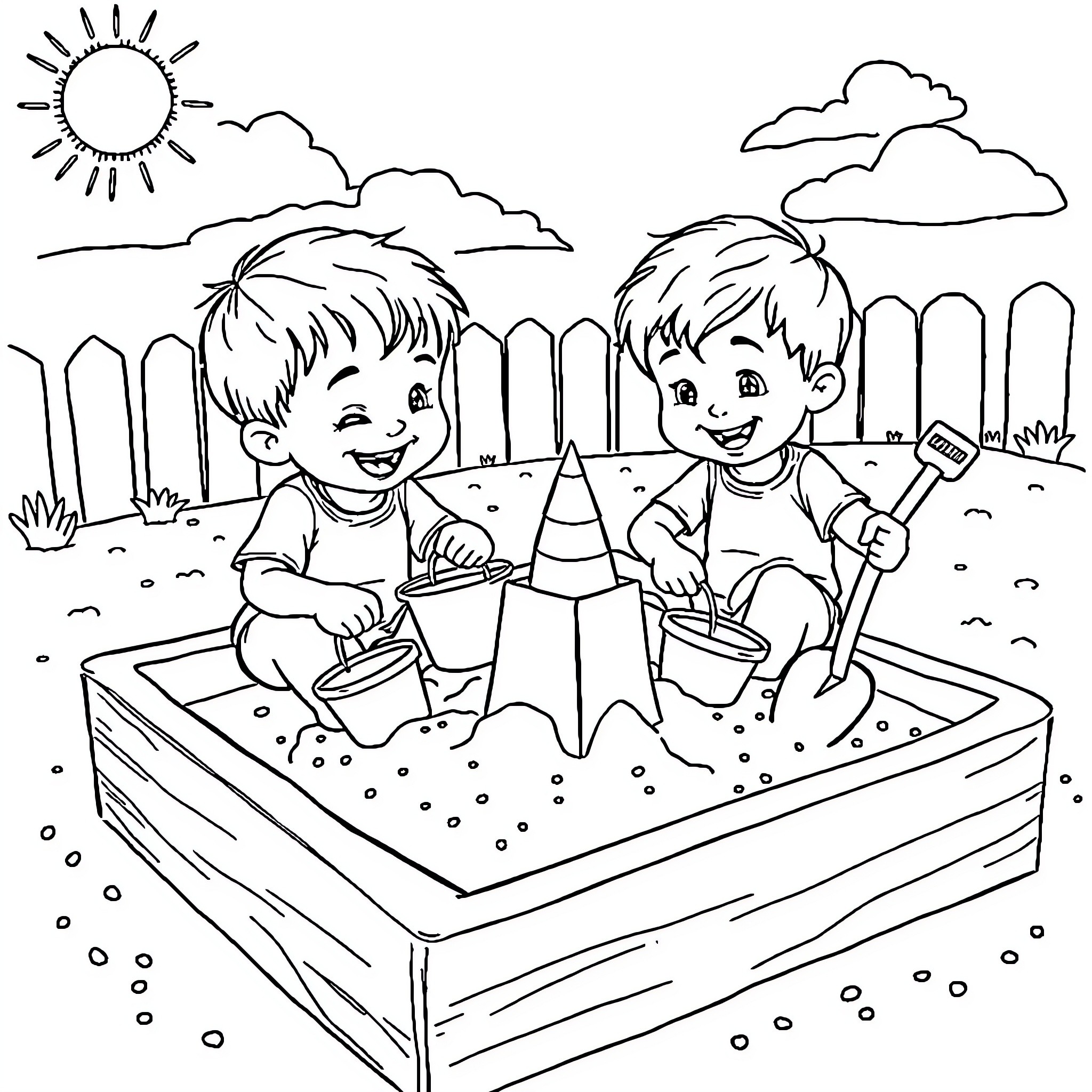 Calvin's Sandbox Adventures on a Sunny Day Coloring Page (free black-and-white line drawing printable PDF for all, from beginners to advanced learners, including children, teens, adults, and seniors)