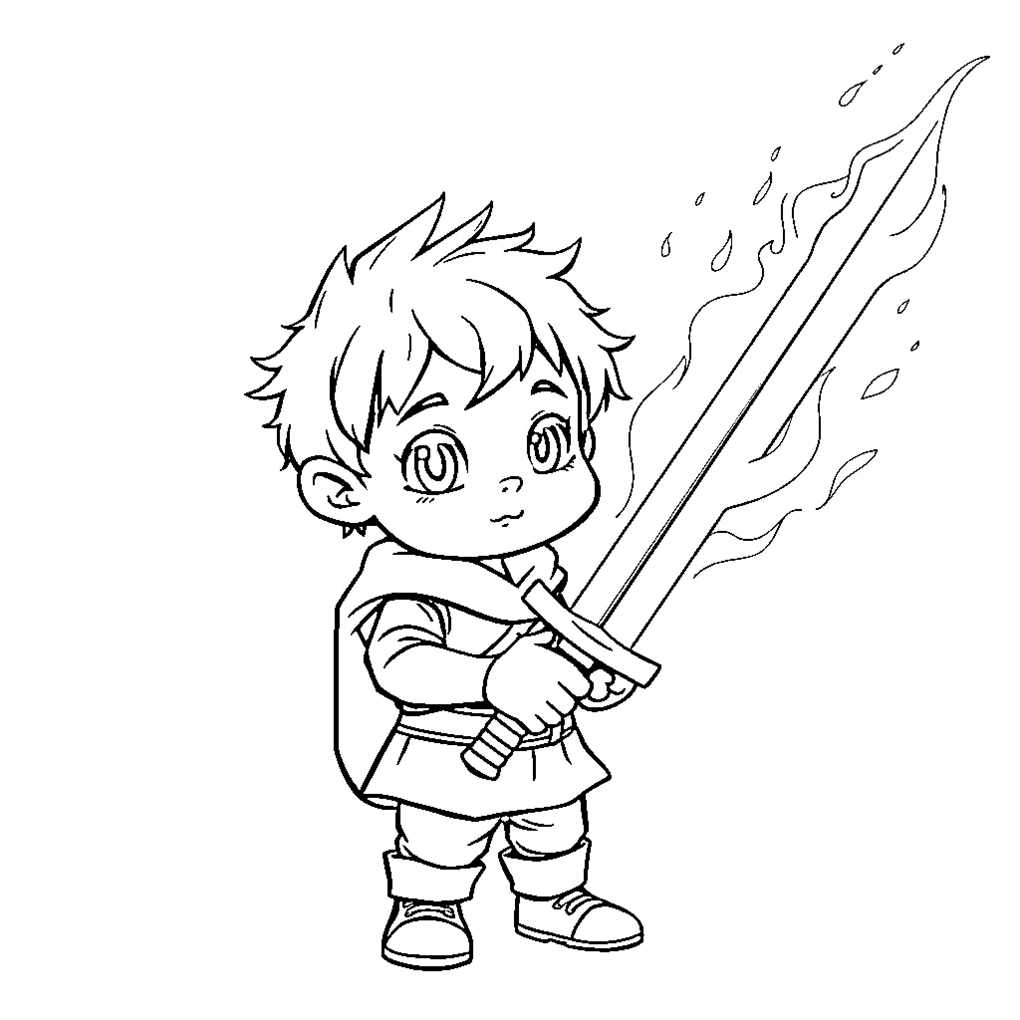 Toddler holding powerful sword with fierce expression Coloring Page (free black-and-white line drawing printable PDF for all, from beginners to advanced learners, including children, teens, adults, and seniors)