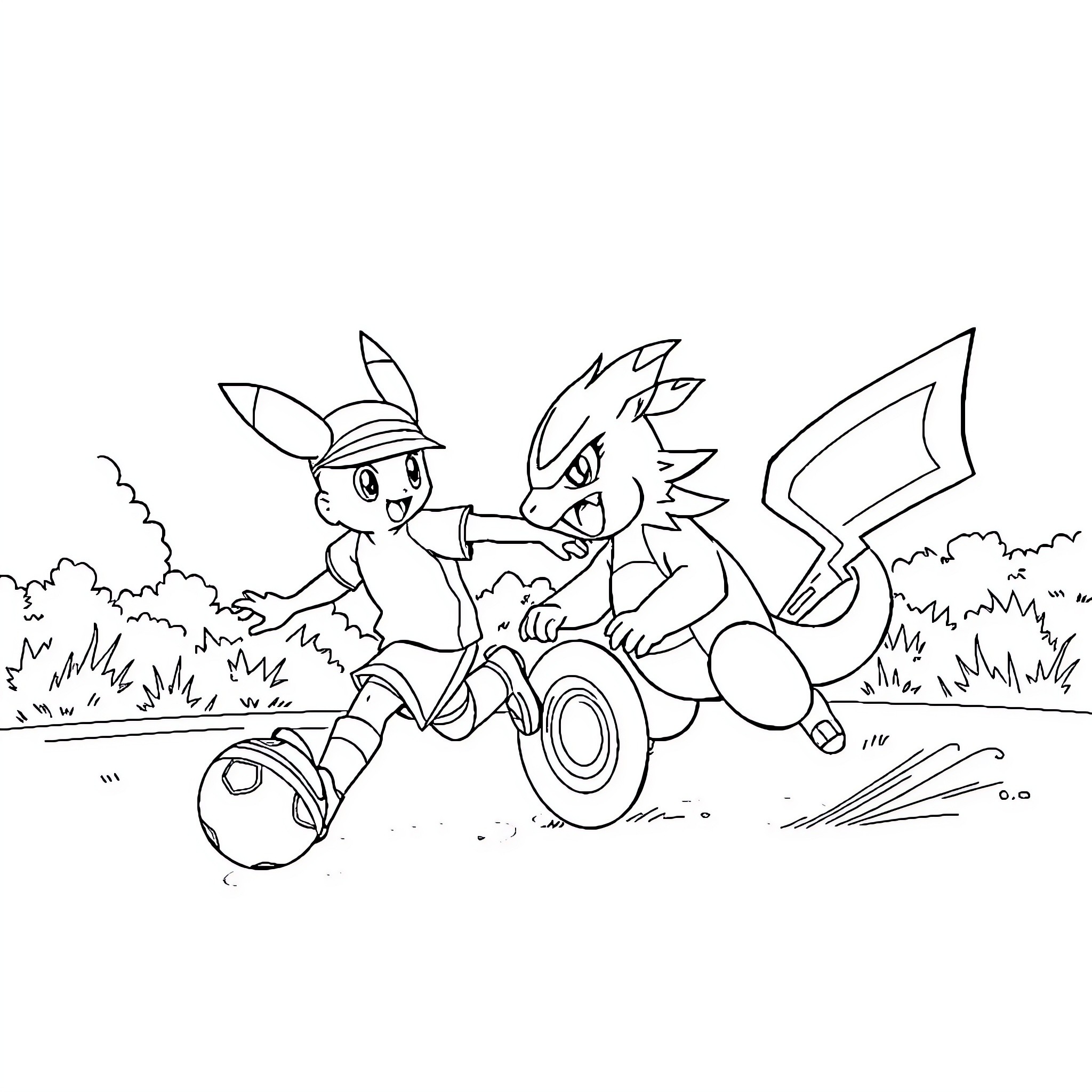 Sacha and Pokémon characters playing in the outdoors Coloring Page (free black-and-white line drawing printable PDF for all, from beginners to advanced learners, including children, teens, adults, and seniors)