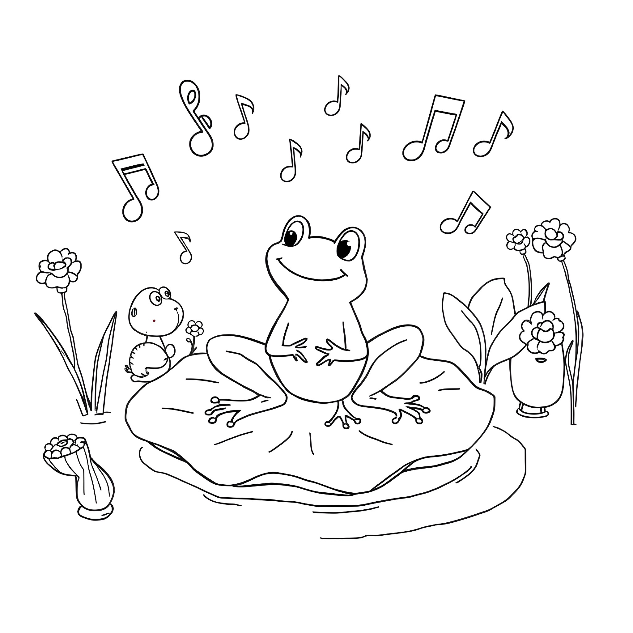Rana's musical dance in a vibrant garden Coloring Page (free black-and-white line drawing printable PDF for all, from beginners to advanced learners, including children, teens, adults, and seniors)