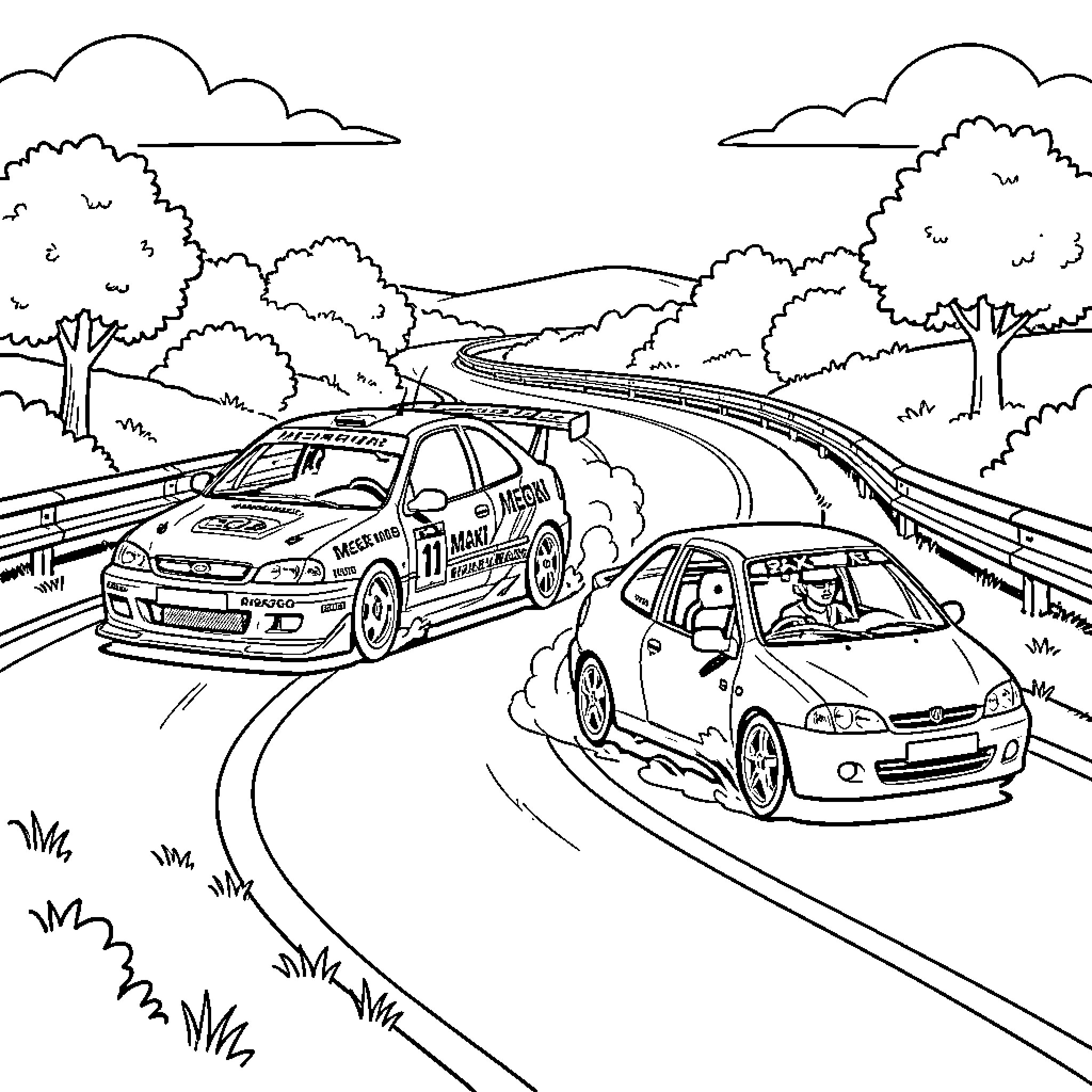 Car racing quickly on a winding mountain road Coloring Page (free black-and-white line drawing printable PDF for all, from beginners to advanced learners, including children, teens, adults, and seniors)