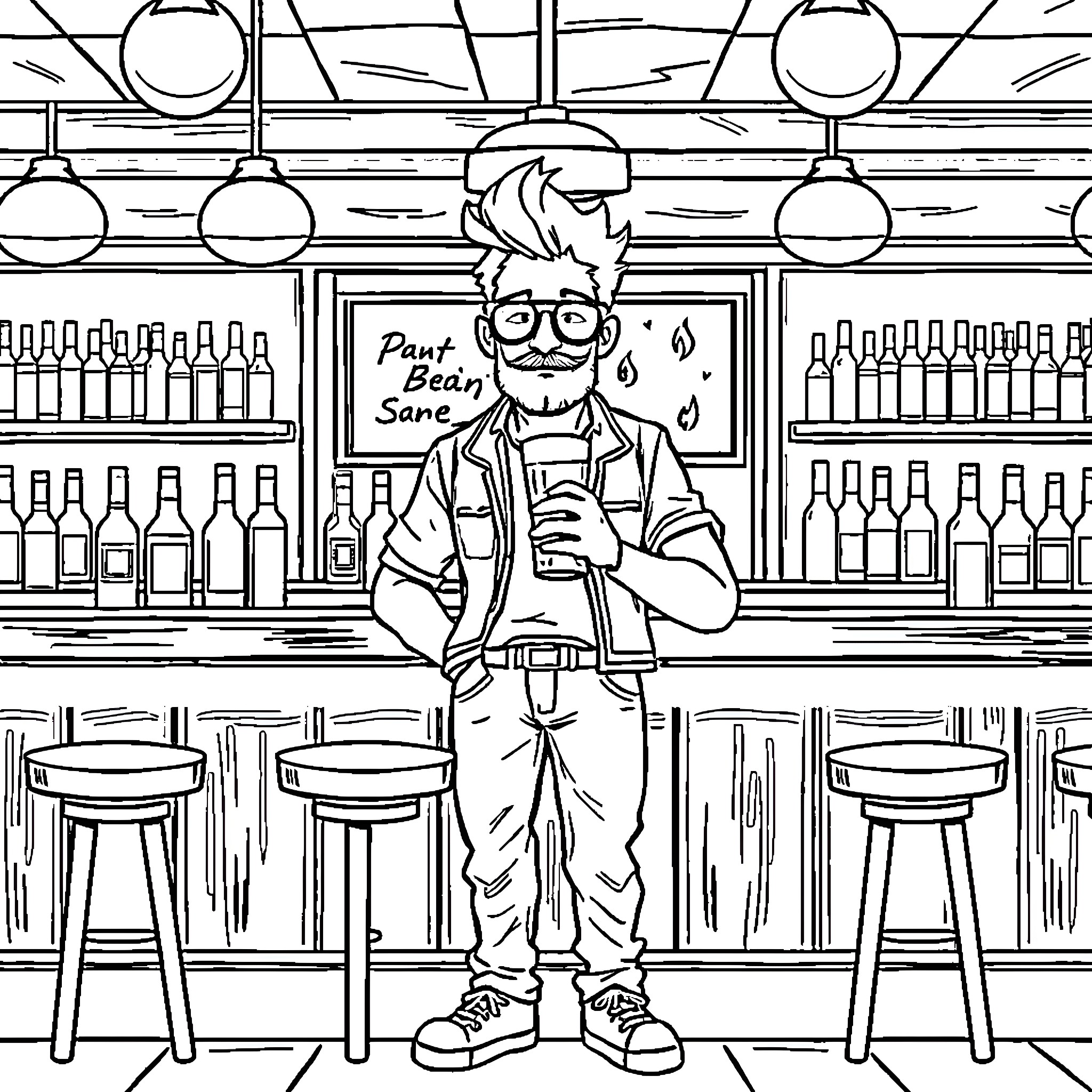 Hipster barista serving drinks in a quirky café Coloring Page (free black-and-white line drawing printable PDF for all, from beginners to advanced learners, including children, teens, adults, and seniors)