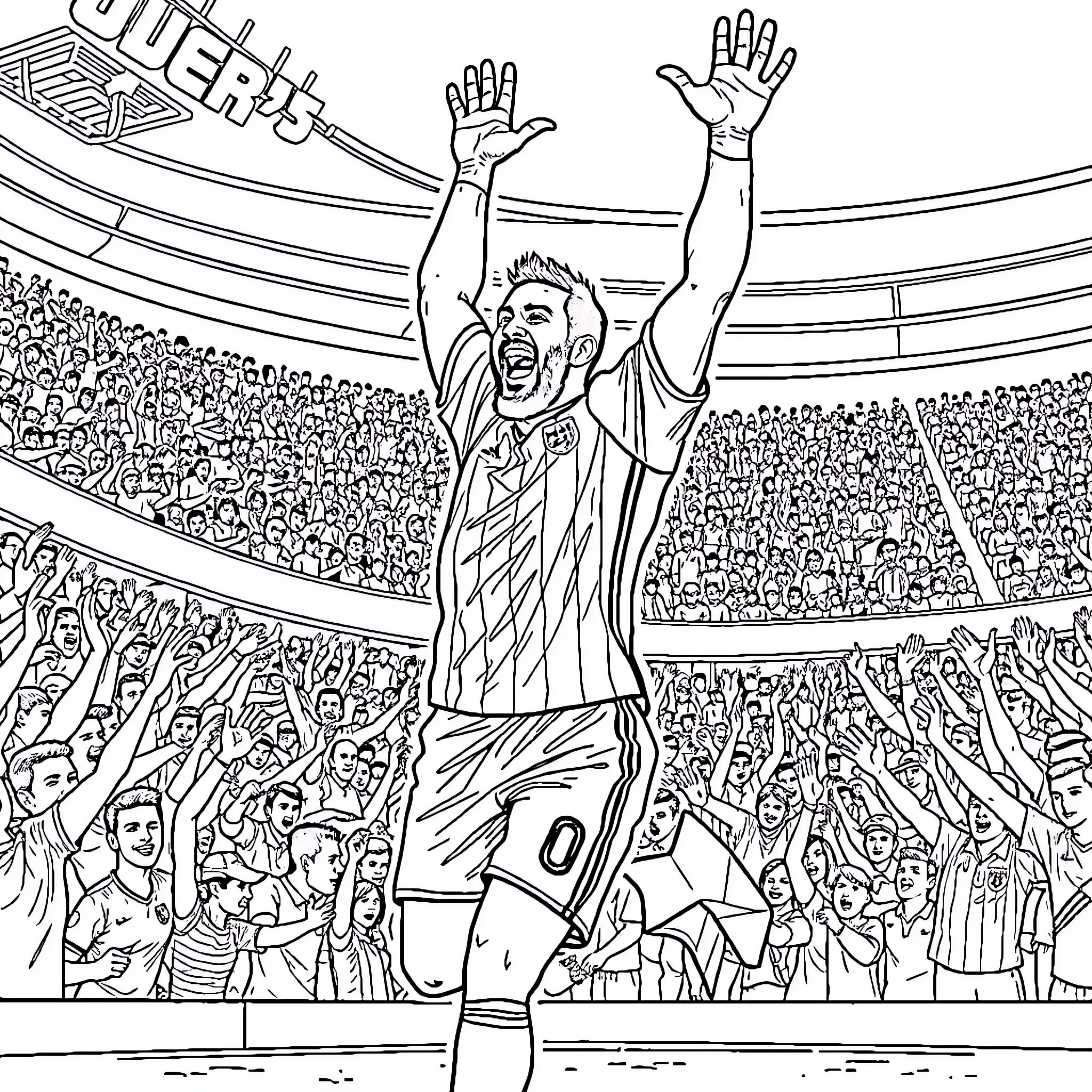 Arturo Vidal celebrating victory with fans in stadium Coloring Page (free black-and-white line drawing printable PDF for all, from beginners to advanced learners, including children, teens, adults, and seniors)
