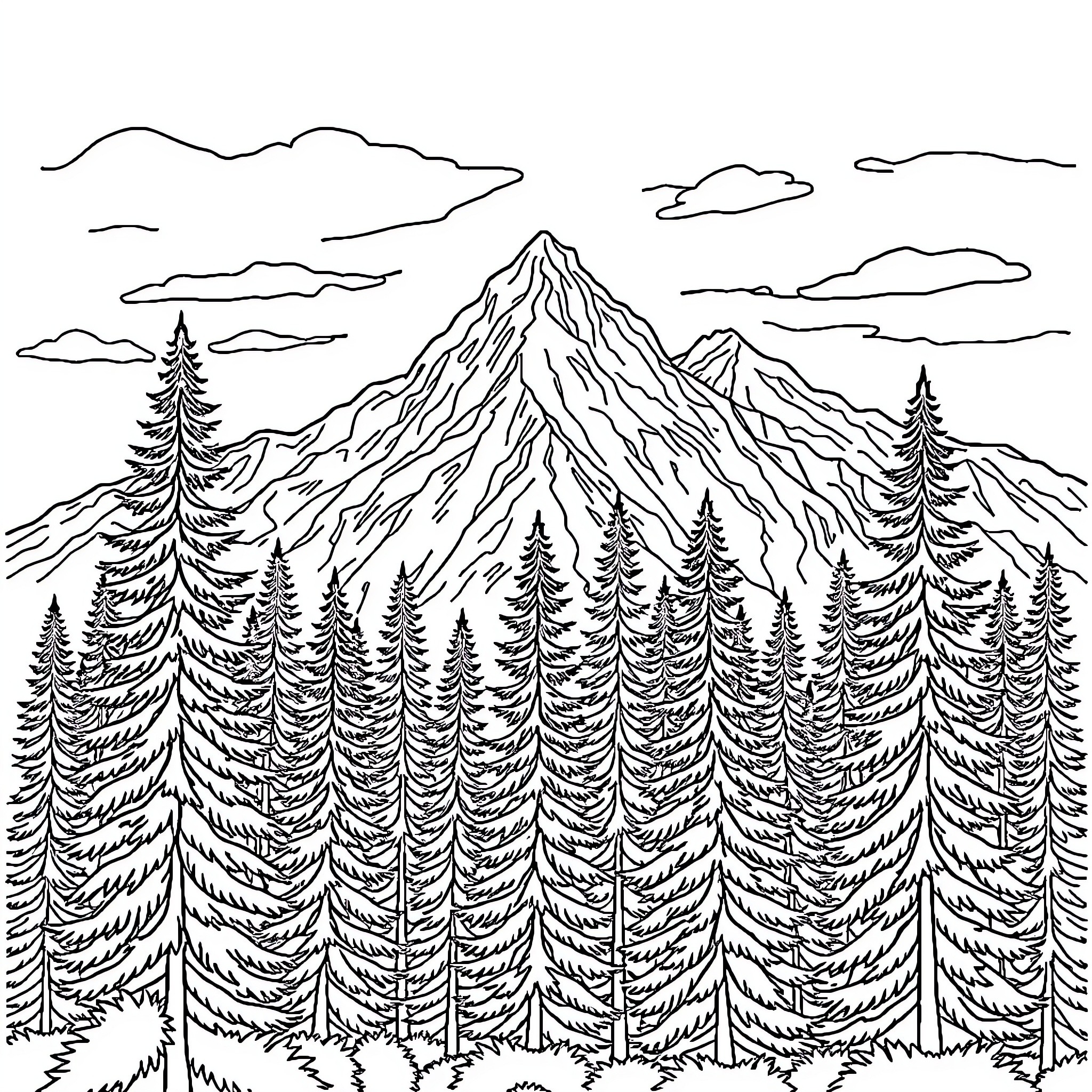 Tree-lined Mountain Range with Cloudy Sky Coloring Page (free black-and-white line drawing printable PDF for all, from beginners to advanced learners, including children, teens, adults, and seniors)