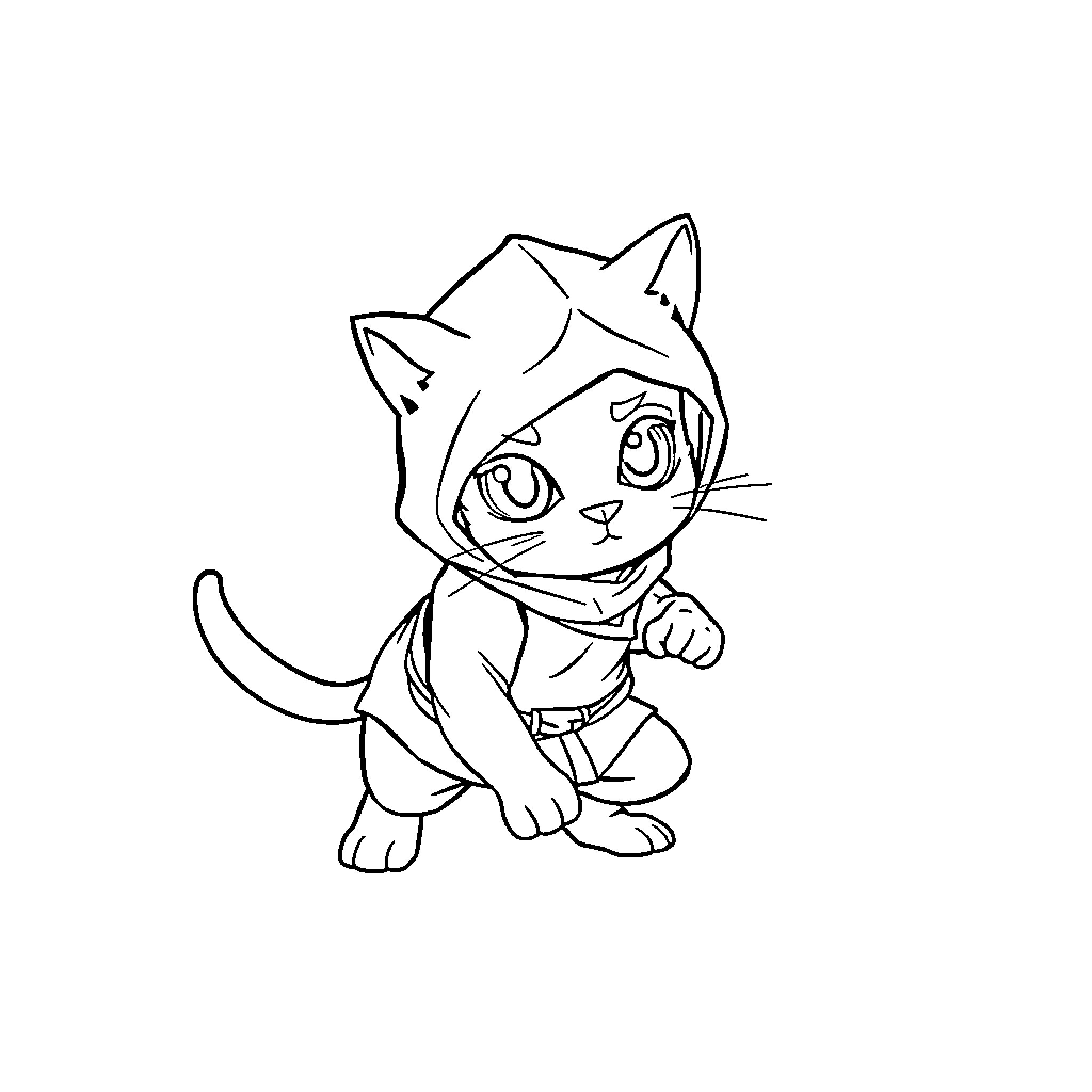 Cat wearing hat in playful pose Coloring Page (free black-and-white line drawing printable PDF for all, from beginners to advanced learners, including children, teens, adults, and seniors)