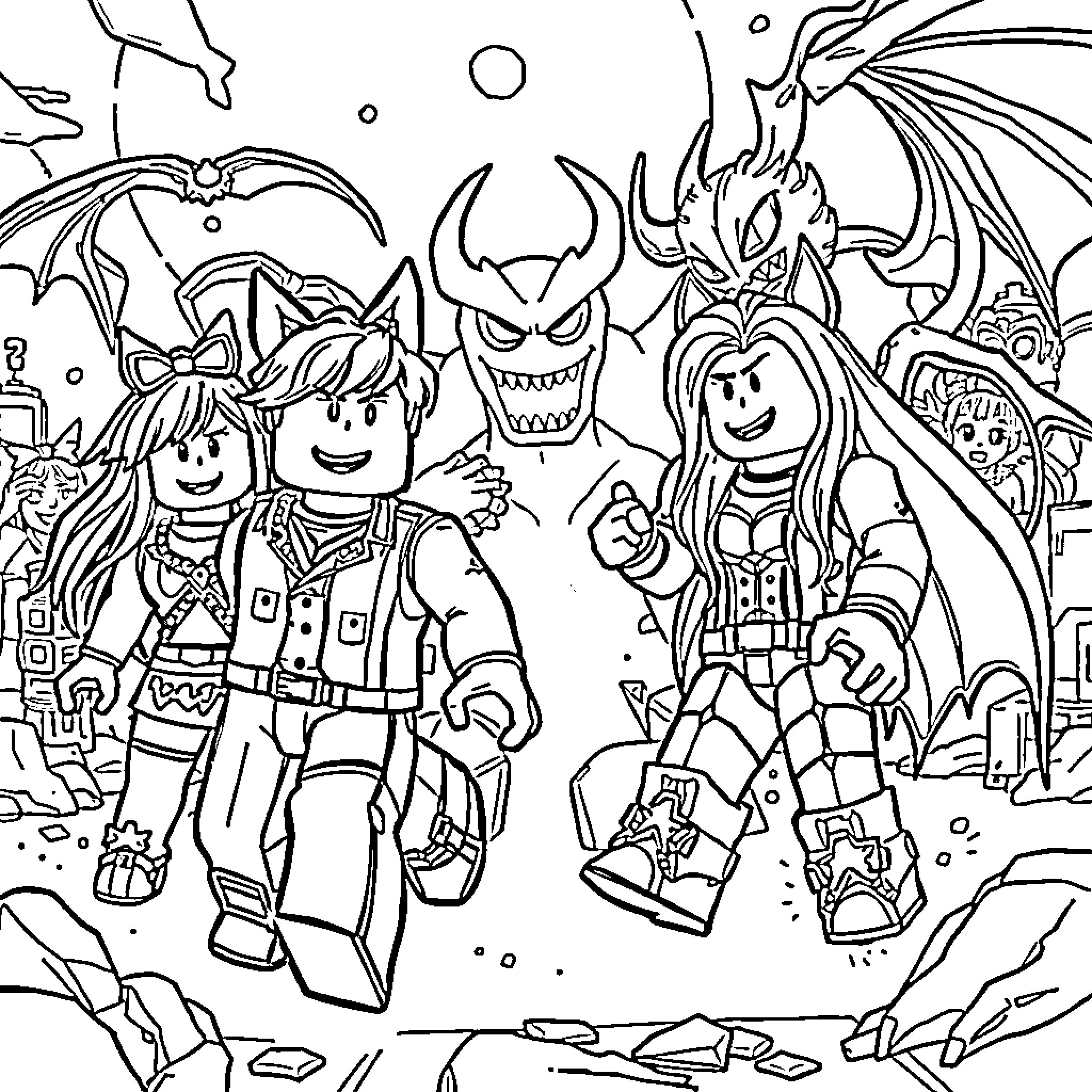 Roblox characters in fantastical adventure Coloring Page (free black-and-white line drawing printable PDF for all, from beginners to advanced learners, including children, teens, adults, and seniors)