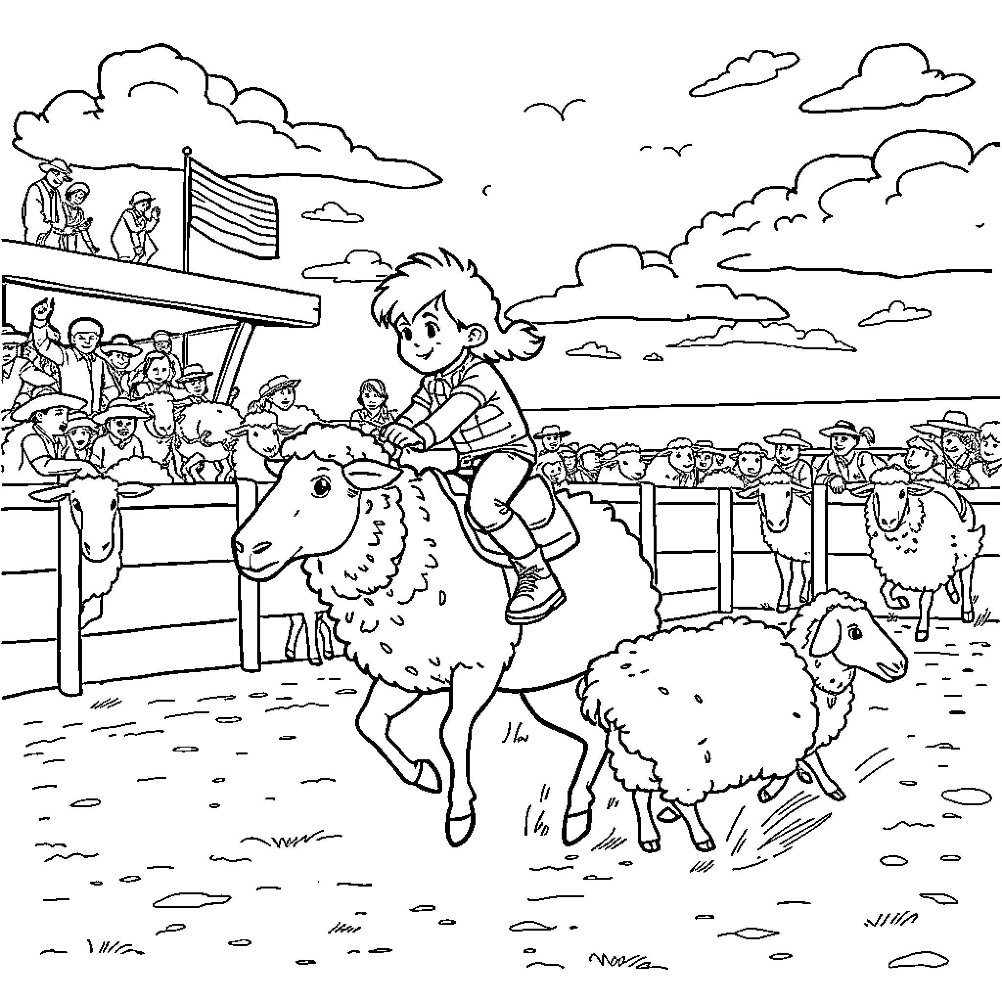 Mutton Sheep Race at Countryside Fair Coloring Page (free black-and-white line drawing printable PDF for all, from beginners to advanced learners, including children, teens, adults, and seniors)