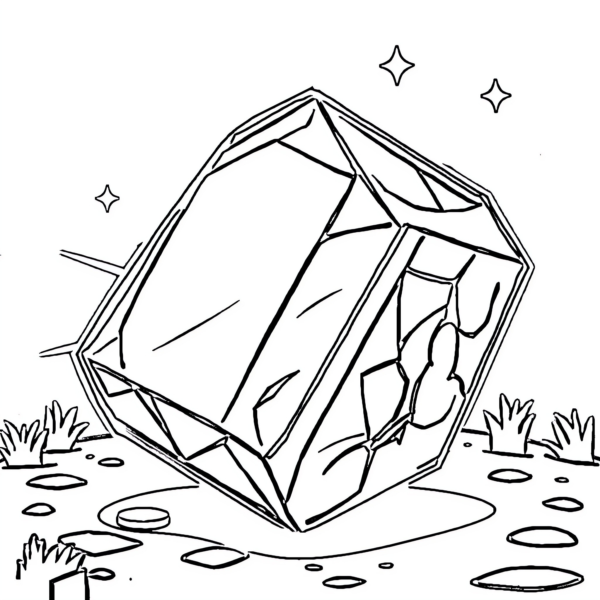 Diamond Crystal in Starry Landscape Coloring Page (free black-and-white line drawing printable PDF for all, from beginners to advanced learners, including children, teens, adults, and seniors)