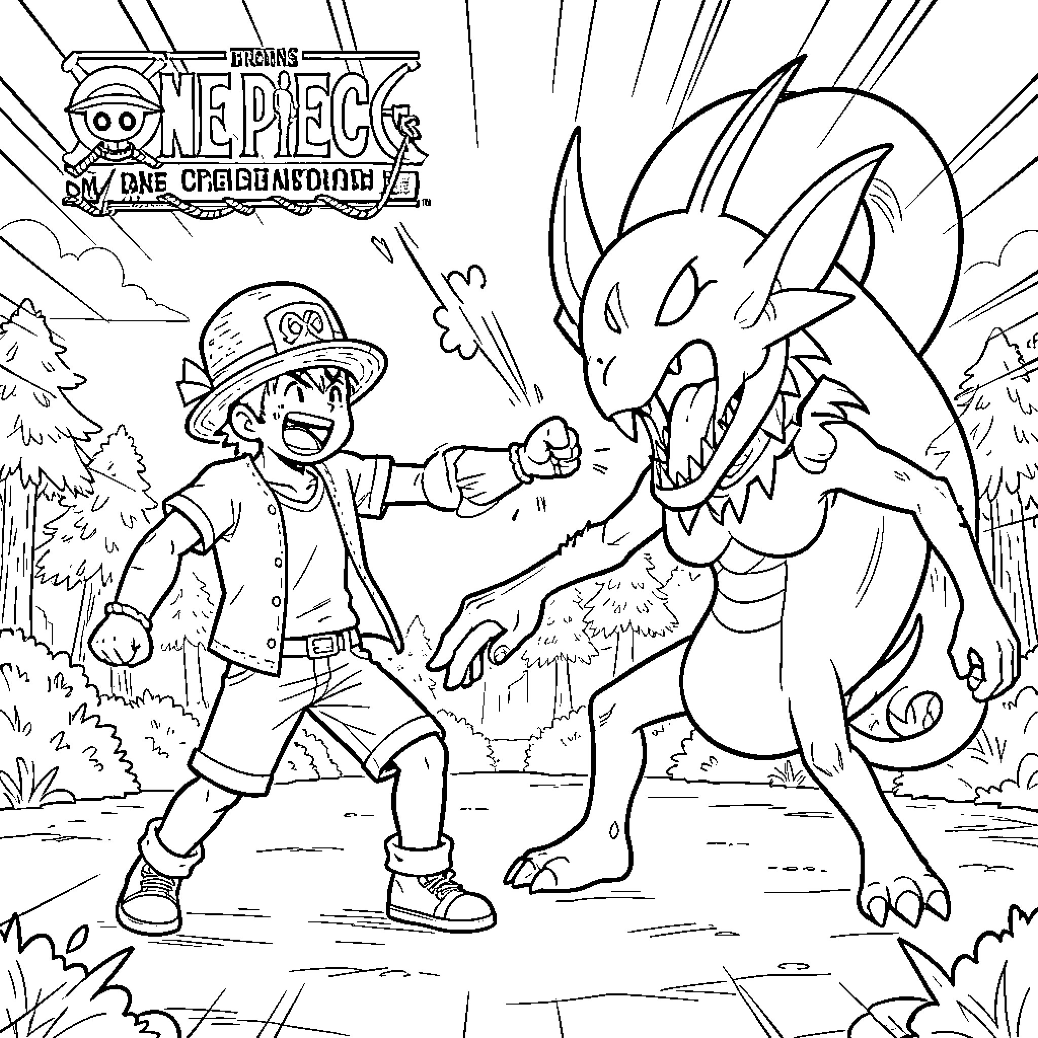 Broke Dans character fighting a large dragon-like creature Coloring Page (free black-and-white line drawing printable PDF for all, from beginners to advanced learners, including children, teens, adults, and seniors)