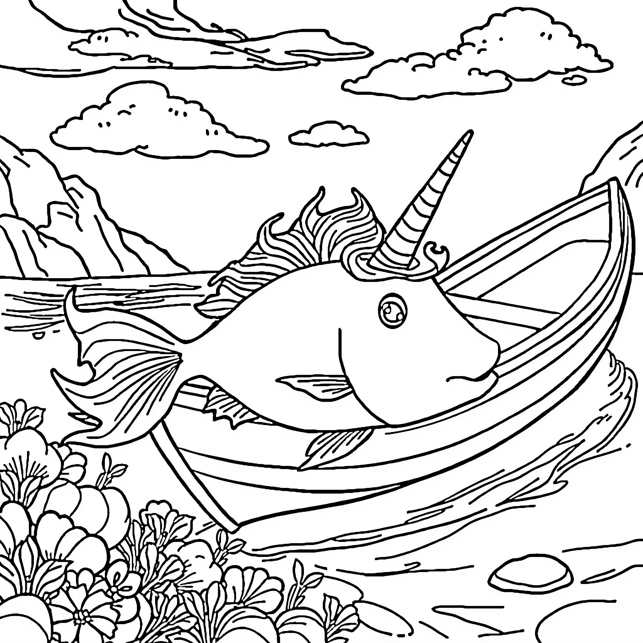 Unicorn Fish swimming in ocean scenery Coloring Page (free black-and-white line drawing printable PDF for all, from beginners to advanced learners, including children, teens, adults, and seniors)