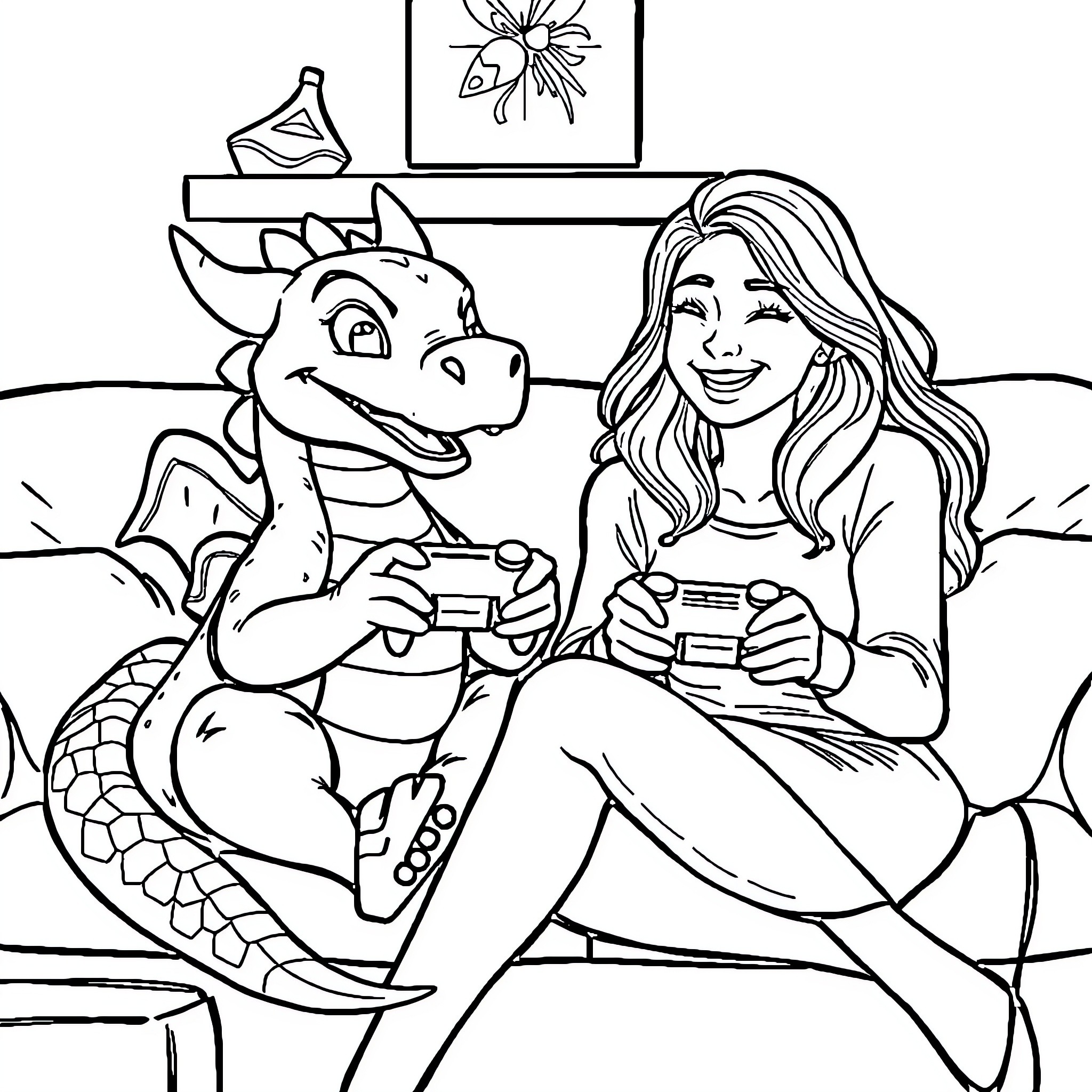 Dragon and woman enjoying beverages together Coloring Page (free black-and-white line drawing printable PDF for all, from beginners to advanced learners, including children, teens, adults, and seniors)