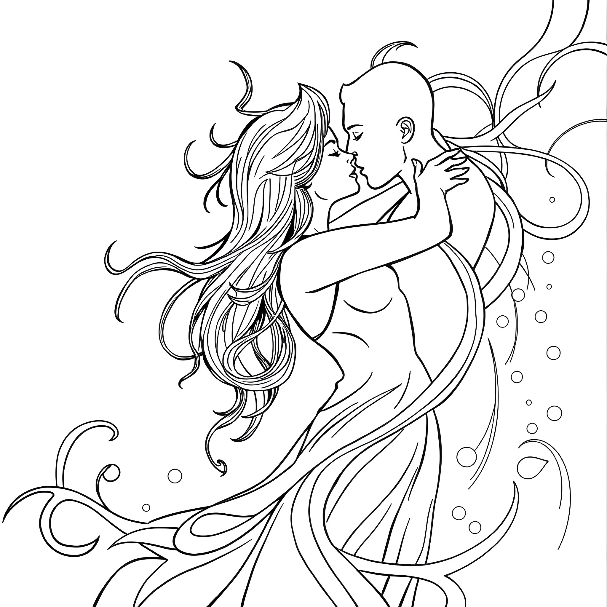 Red Romantic Dance in the Underwater Realm Coloring Page (free black-and-white line drawing printable PDF for all, from beginners to advanced learners, including children, teens, adults, and seniors)