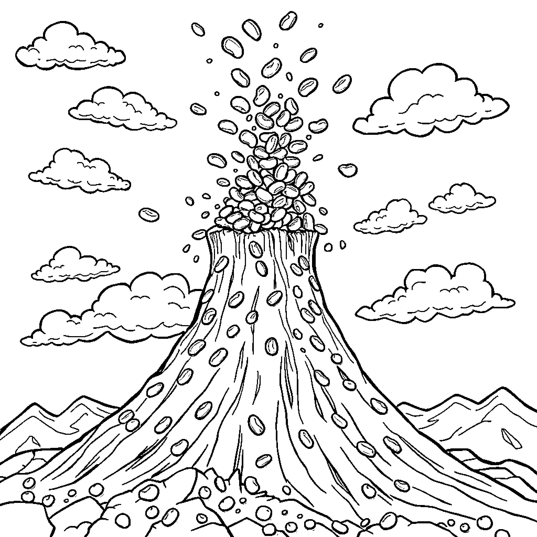 Volcano erupting with rocks and debris Coloring Page (free black-and-white line drawing printable PDF for all, from beginners to advanced learners, including children, teens, adults, and seniors)