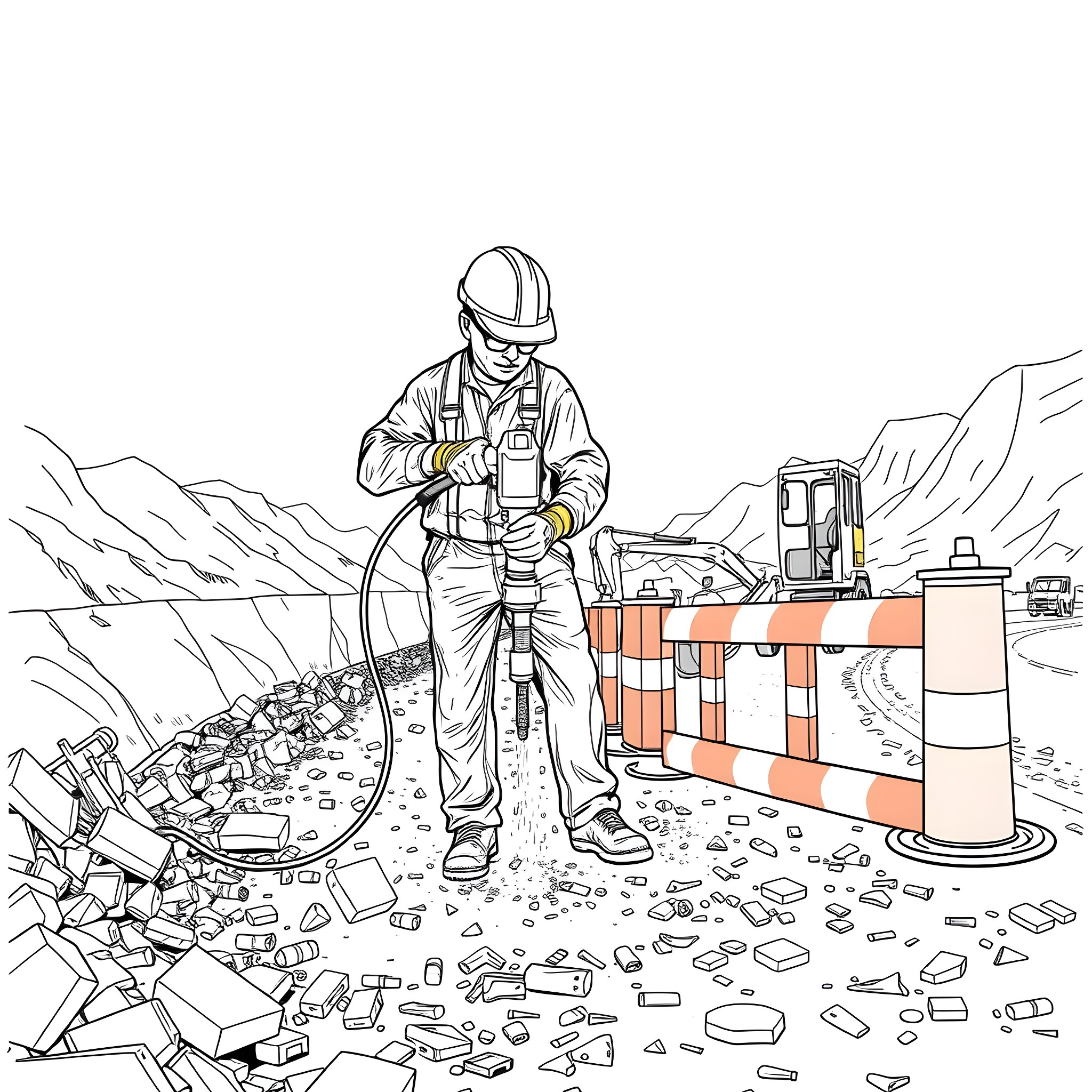 Jackhammer operator breaking concrete on construction site Coloring Page (free black-and-white line drawing printable PDF for all, from beginners to advanced learners, including children, teens, adults, and seniors)