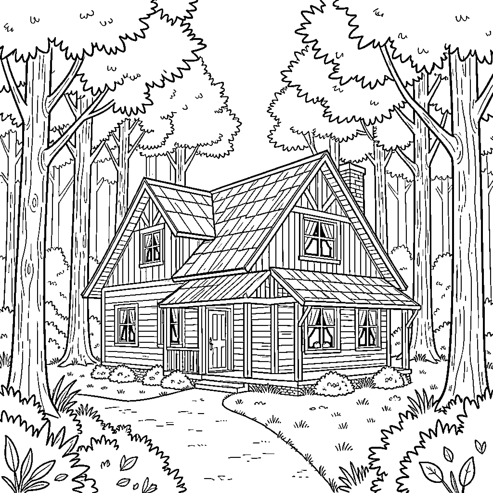 House in the Forested Landscape Coloring Page (free black-and-white line drawing printable PDF for all, from beginners to advanced learners, including children, teens, adults, and seniors)
