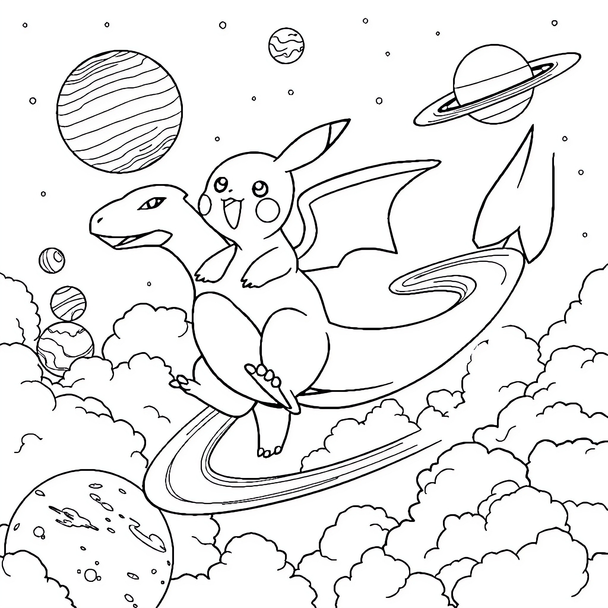 Pikachu riding a dragon through the cosmos Coloring Page (free black-and-white line drawing printable PDF for all, from beginners to advanced learners, including children, teens, adults, and seniors)