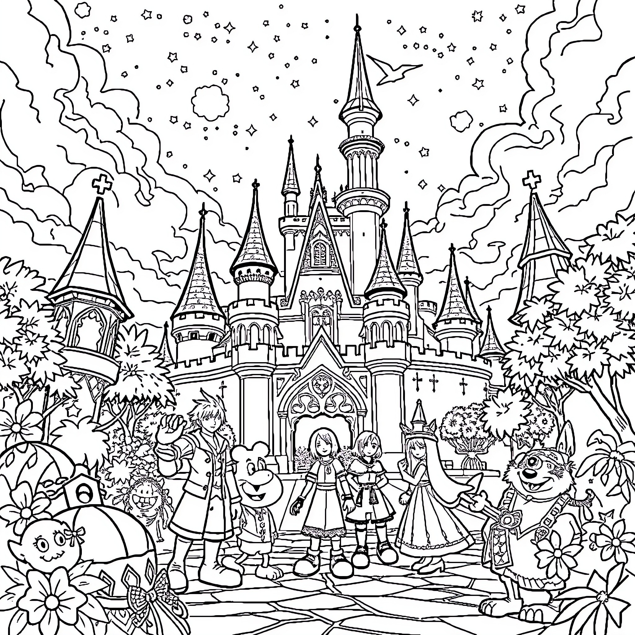Kingdom Hearts: Enchanted Castle and Characters Coloring Page (free black-and-white line drawing printable PDF for all, from beginners to advanced learners, including children, teens, adults, and seniors)