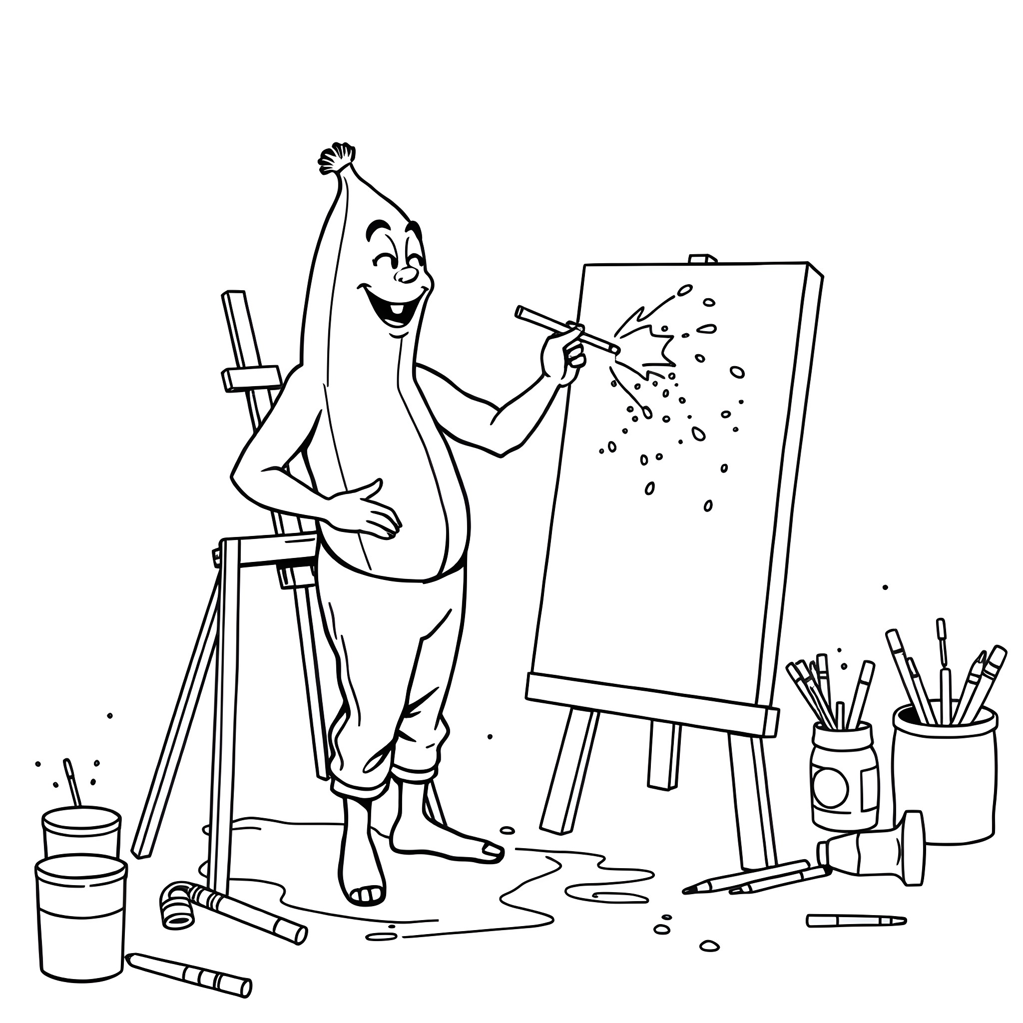Banana Man painting in his studio Coloring Page (free black-and-white line drawing printable PDF for all, from beginners to advanced learners, including children, teens, adults, and seniors)