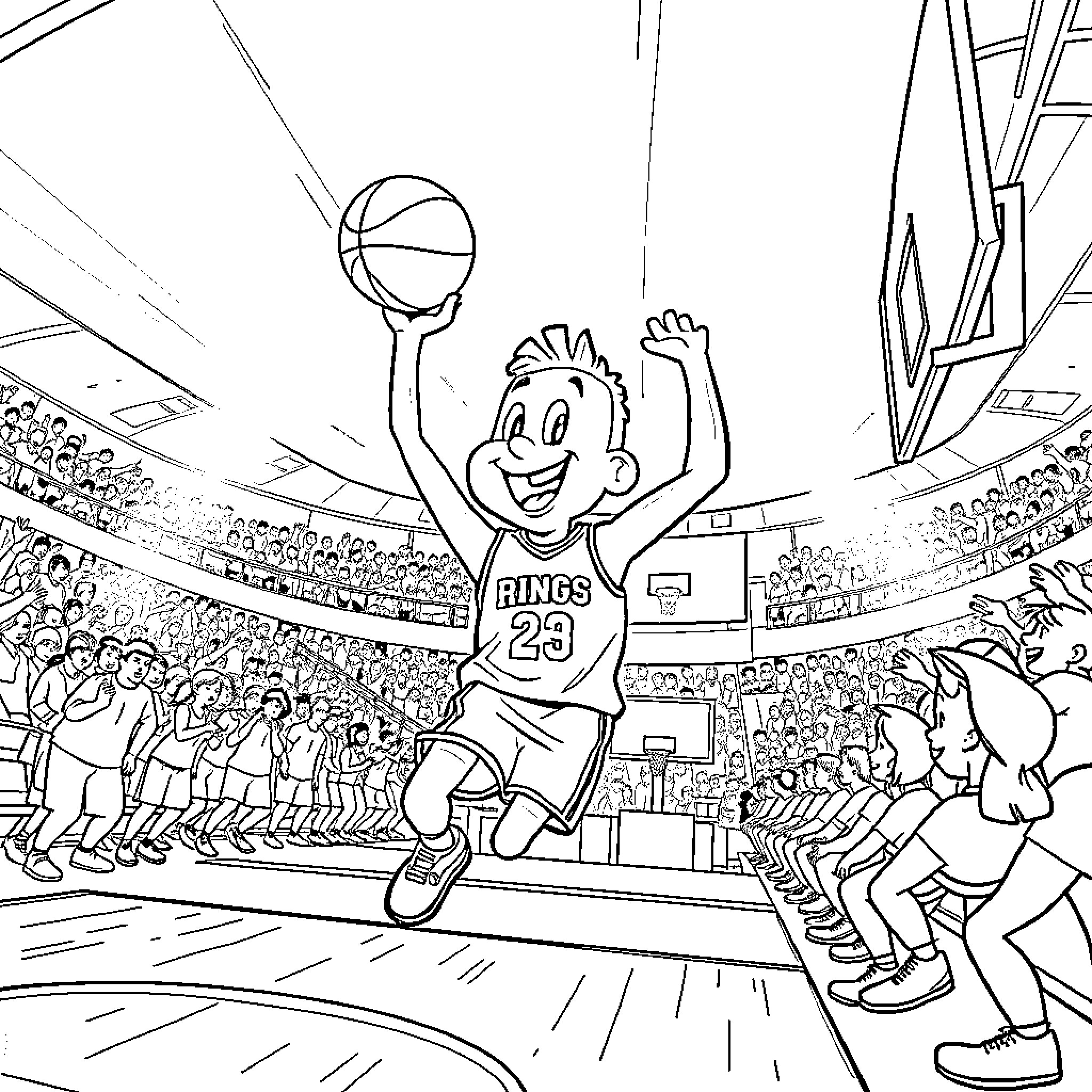 Bluey playing basketball in a lively arena Coloring Page (free black-and-white line drawing printable PDF for all, from beginners to advanced learners, including children, teens, adults, and seniors)