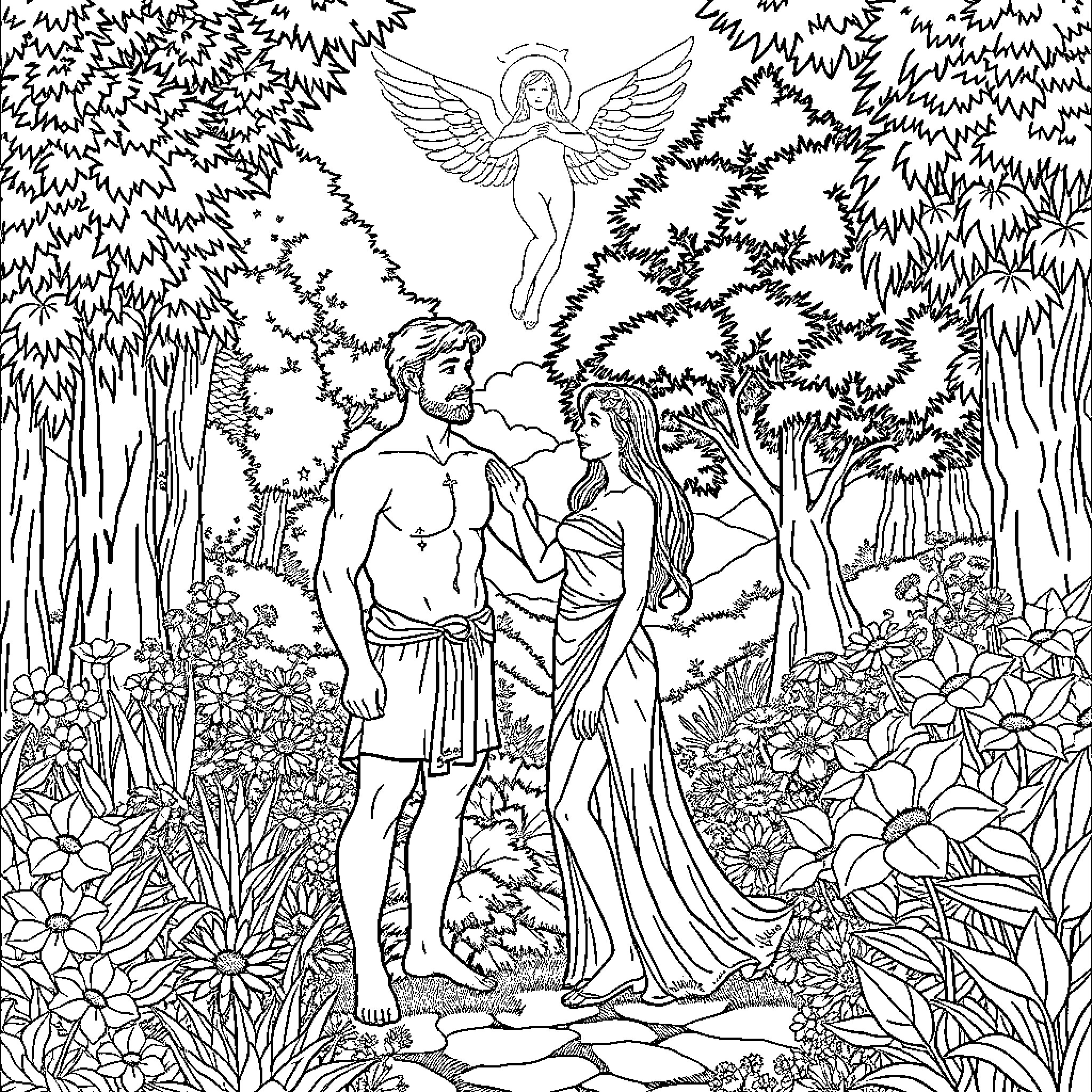 Adam and Eve in the Garden of Eden Coloring Page (free black-and-white line drawing printable PDF for all, from beginners to advanced learners, including children, teens, adults, and seniors)