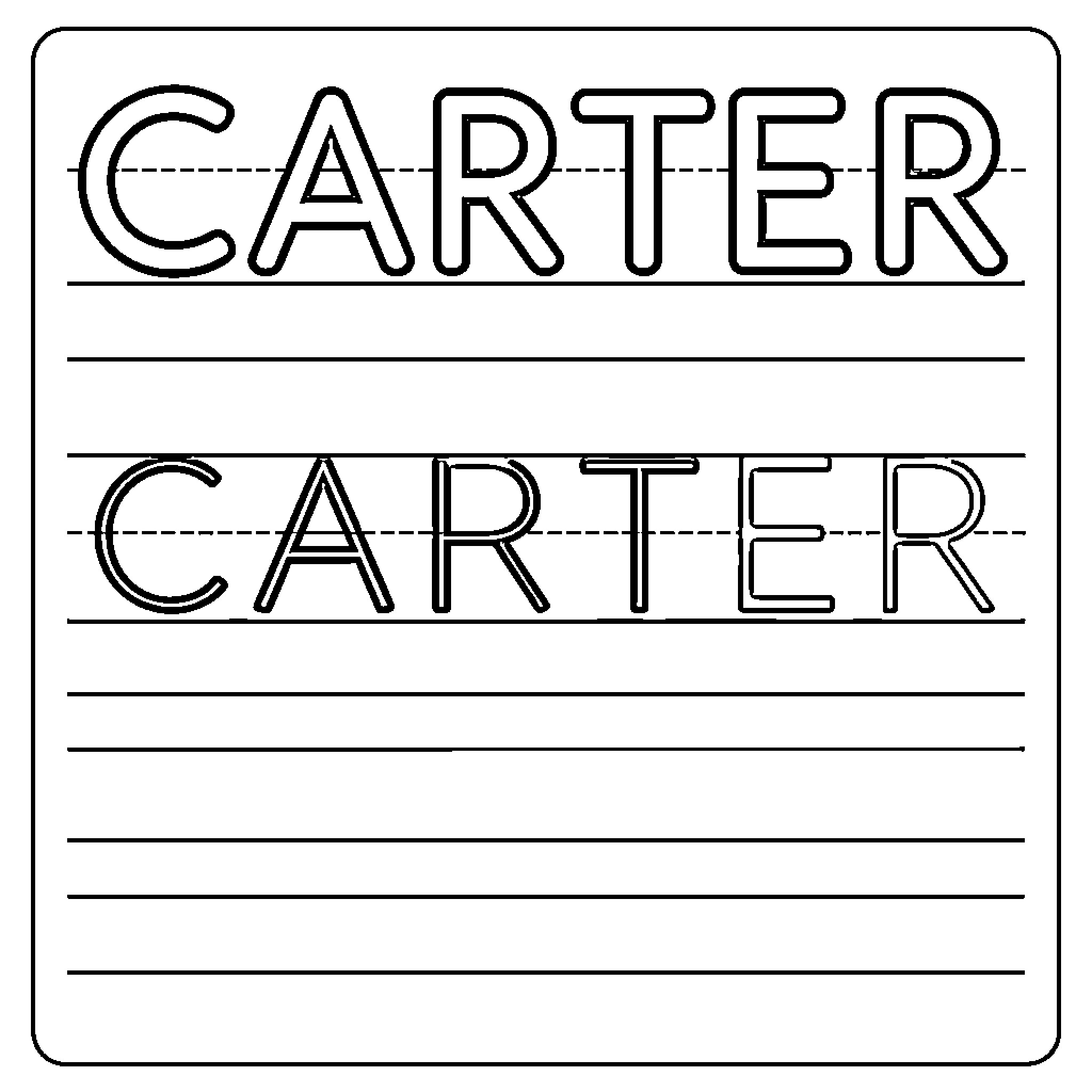 Carter name written in large outlined letters Coloring Page (free black-and-white line drawing printable PDF for all, from beginners to advanced learners, including children, teens, adults, and seniors)
