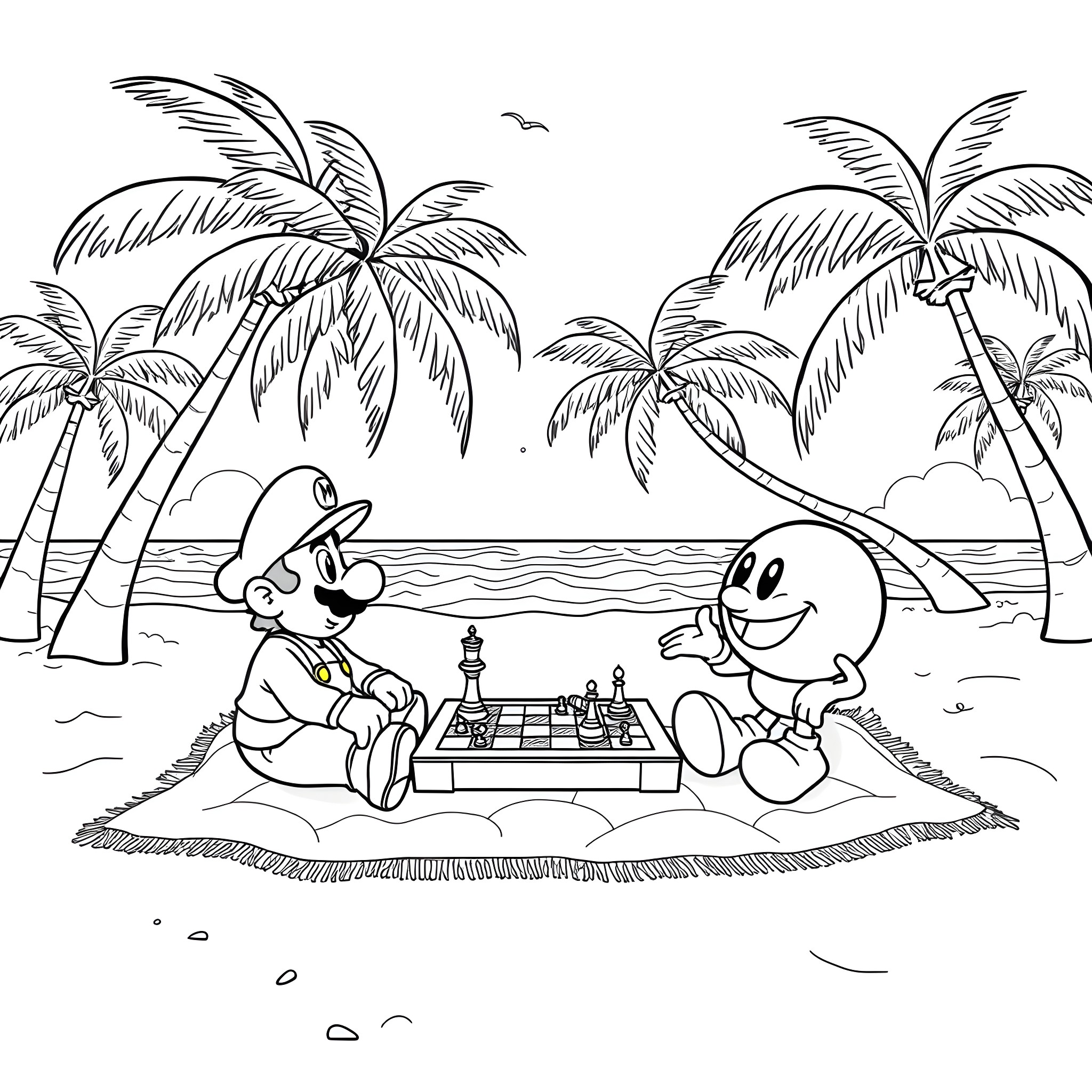 Super Mario and Friends Enjoying a Beach Chess Game Coloring Page (free black-and-white line drawing printable PDF for all, from beginners to advanced learners, including children, teens, adults, and seniors)