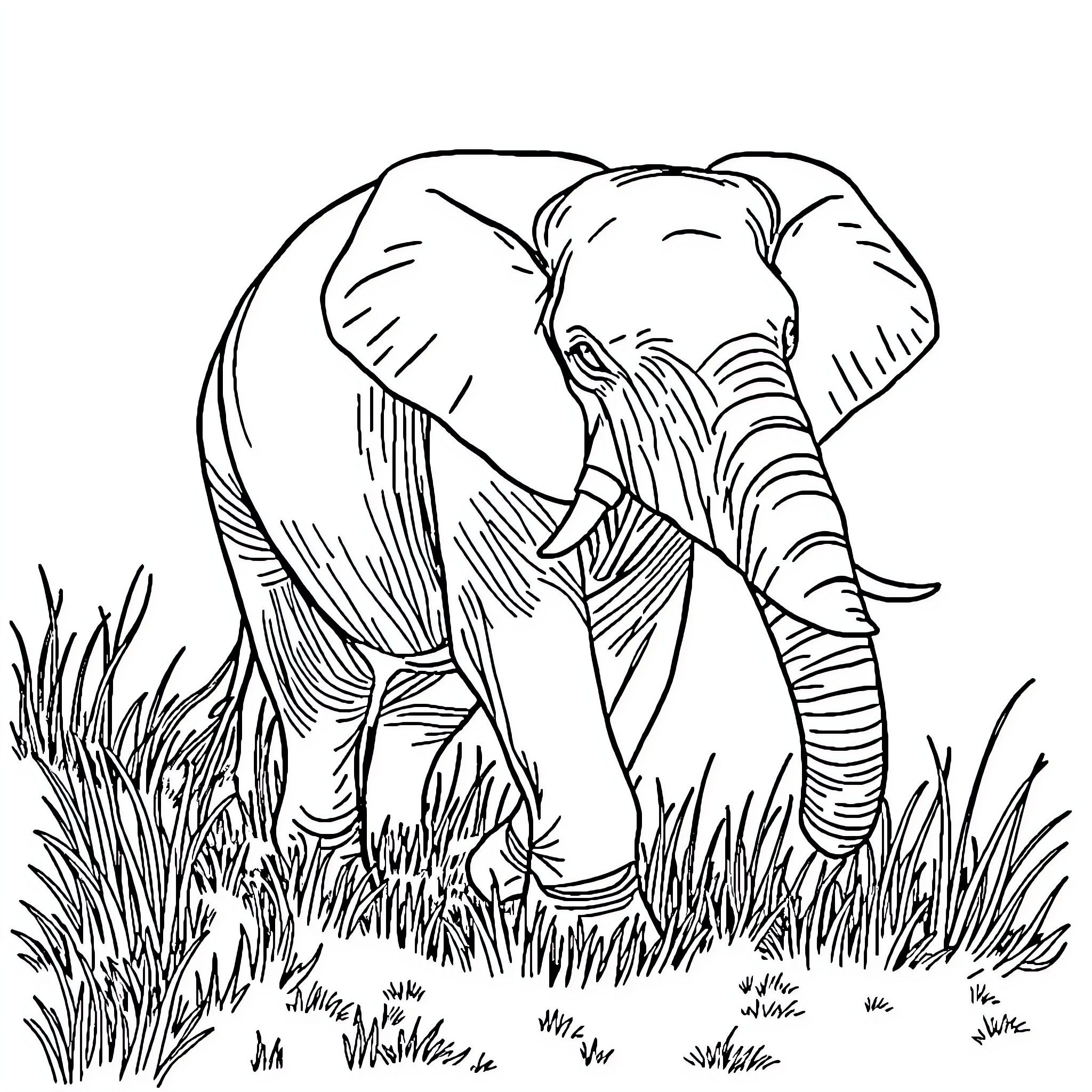 Elephant walking through the tall grass Coloring Page (free black-and-white line drawing printable PDF for all, from beginners to advanced learners, including children, teens, adults, and seniors)