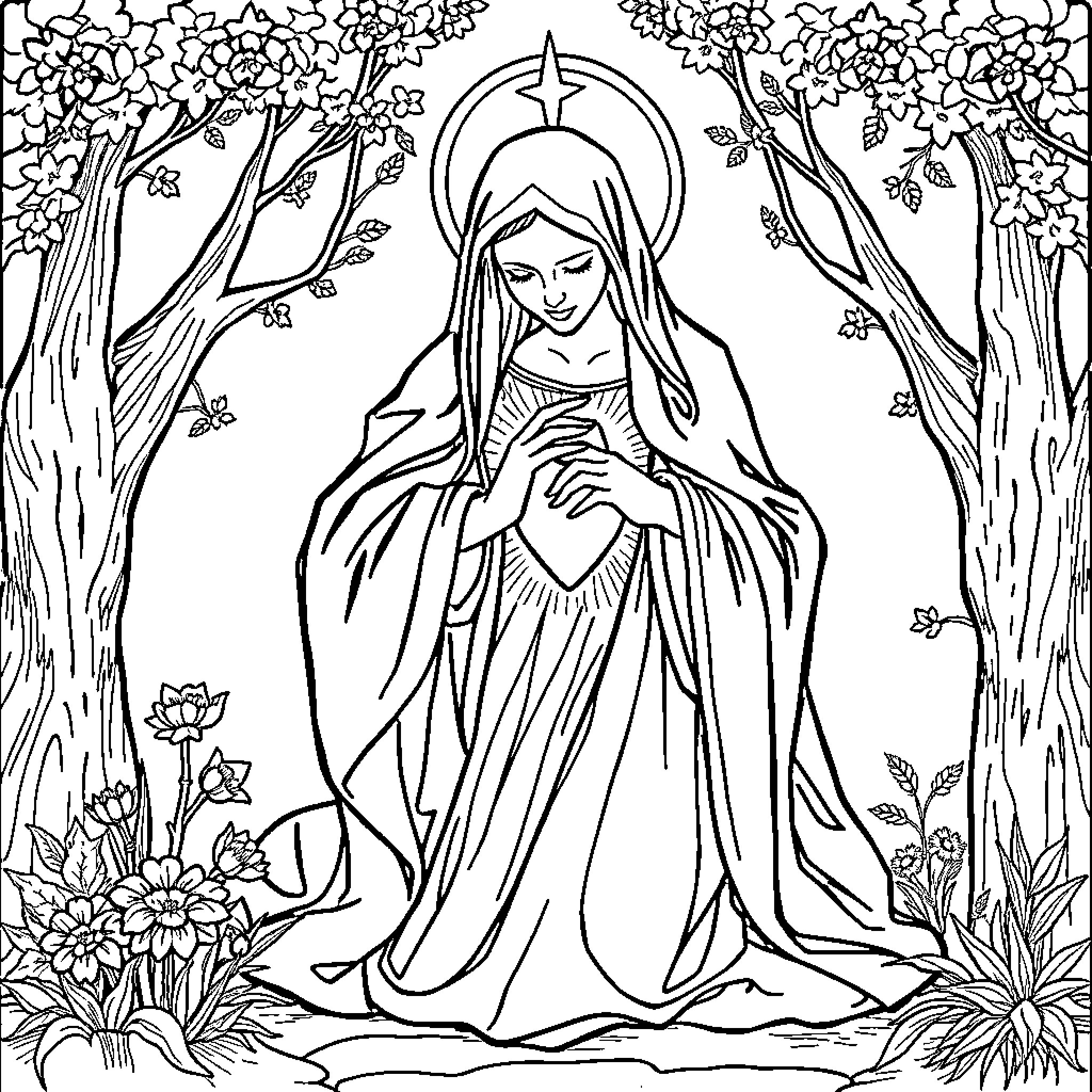 Mater Admirabilis: Peaceful Woman of Faith in Floral Sanctuary Coloring Page (free black-and-white line drawing printable PDF for all, from beginners to advanced learners, including children, teens, adults, and seniors)