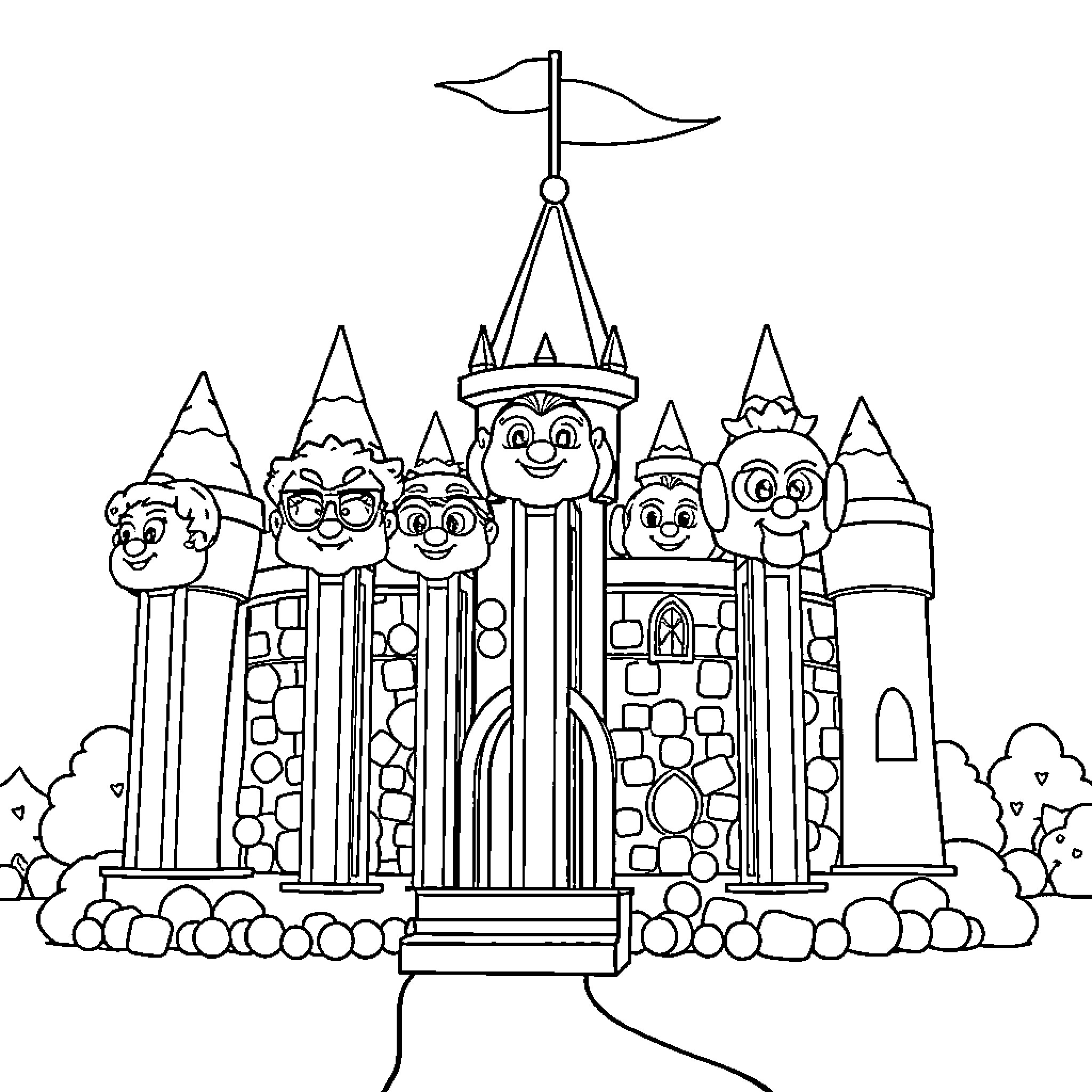 Pez characters in a whimsical castle scene Coloring Page (free black-and-white line drawing printable PDF for all, from beginners to advanced learners, including children, teens, adults, and seniors)